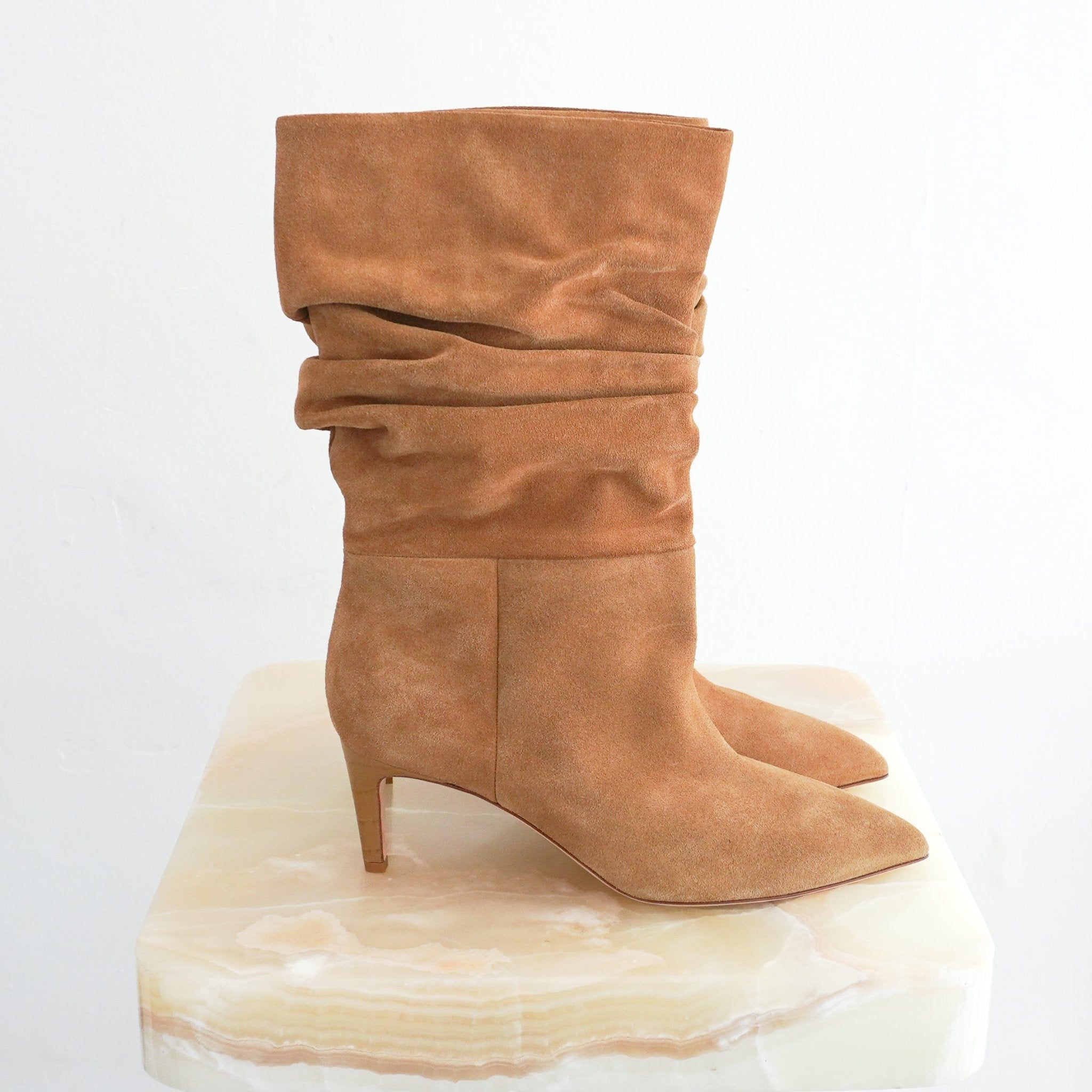 NEW Paris Texas Slouchy Suede Heeled Boots in Whisky (RRP £690) | Authentic Preloved - Reloved Again