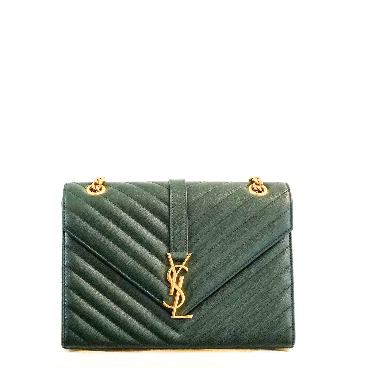YSL Medium Green Chevron Quilted Leather Envelope Bag (RRP £2235) | Authentic Preloved - Reloved Again