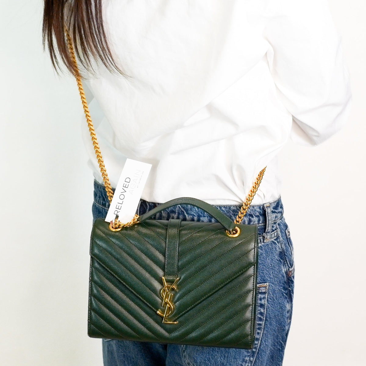 YSL Medium Green Chevron Quilted Leather Envelope Bag (RRP £2235) | Authentic Preloved - Reloved Again