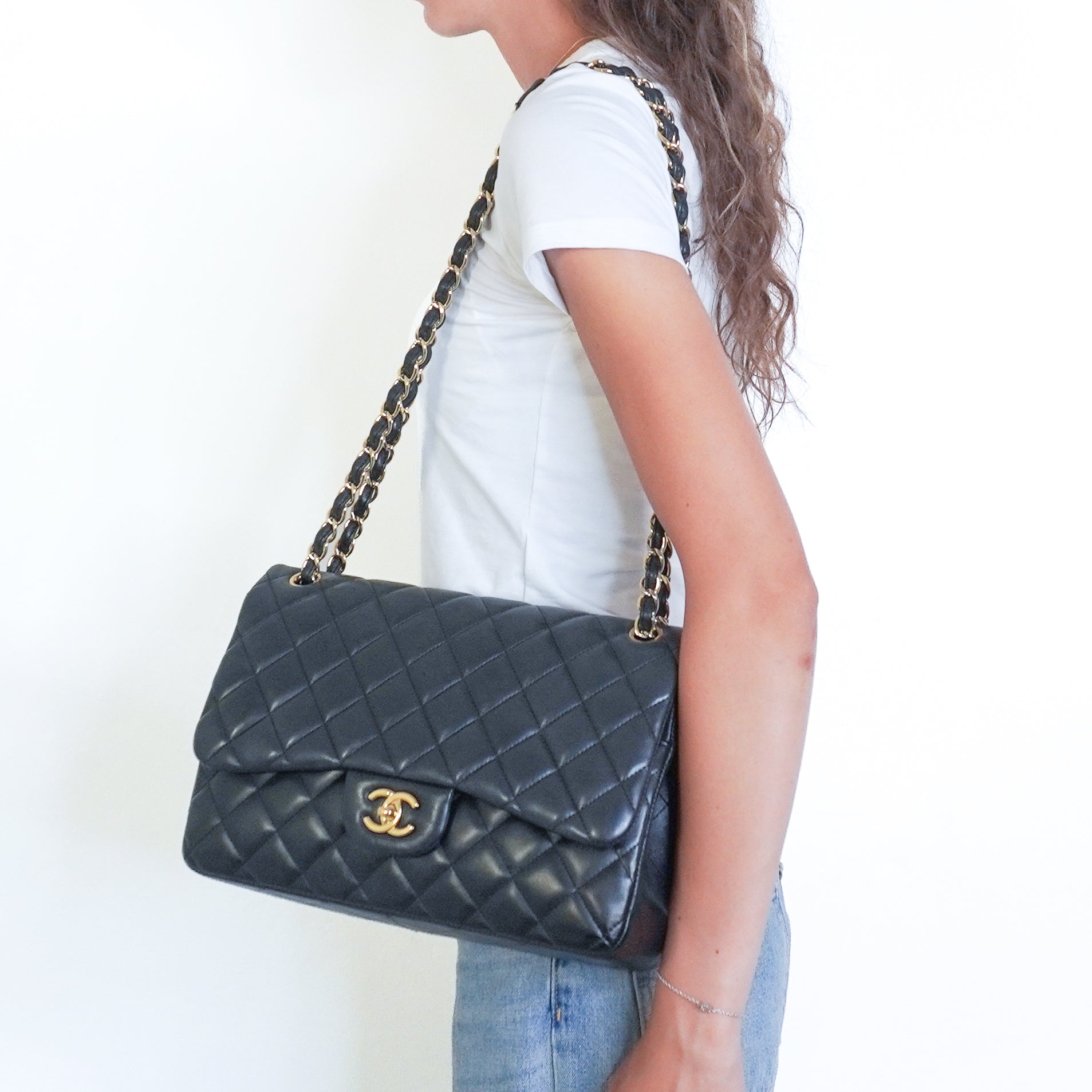 Chanel Jumbo Classic Handbag in Black Lambskin Leather with Gold-Tone Hardware (RRP £10,050) | Authentic Preloved - Reloved Again