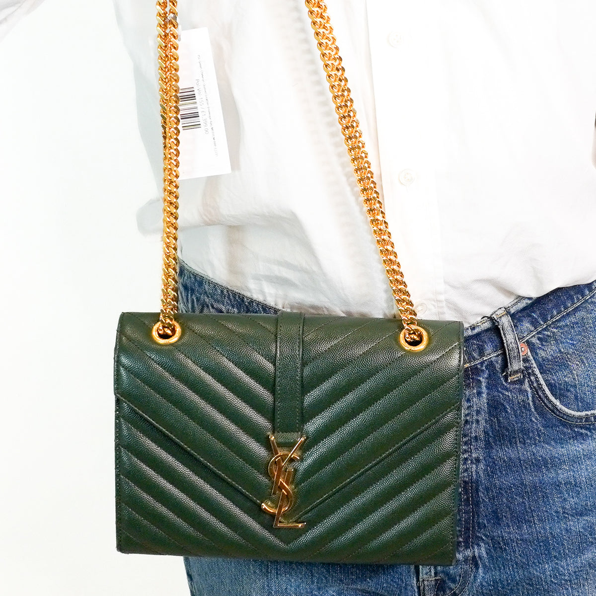 YSL Medium Green Chevron Quilted Leather Envelope Bag (RRP £2235) | Authentic Preloved - Reloved Again