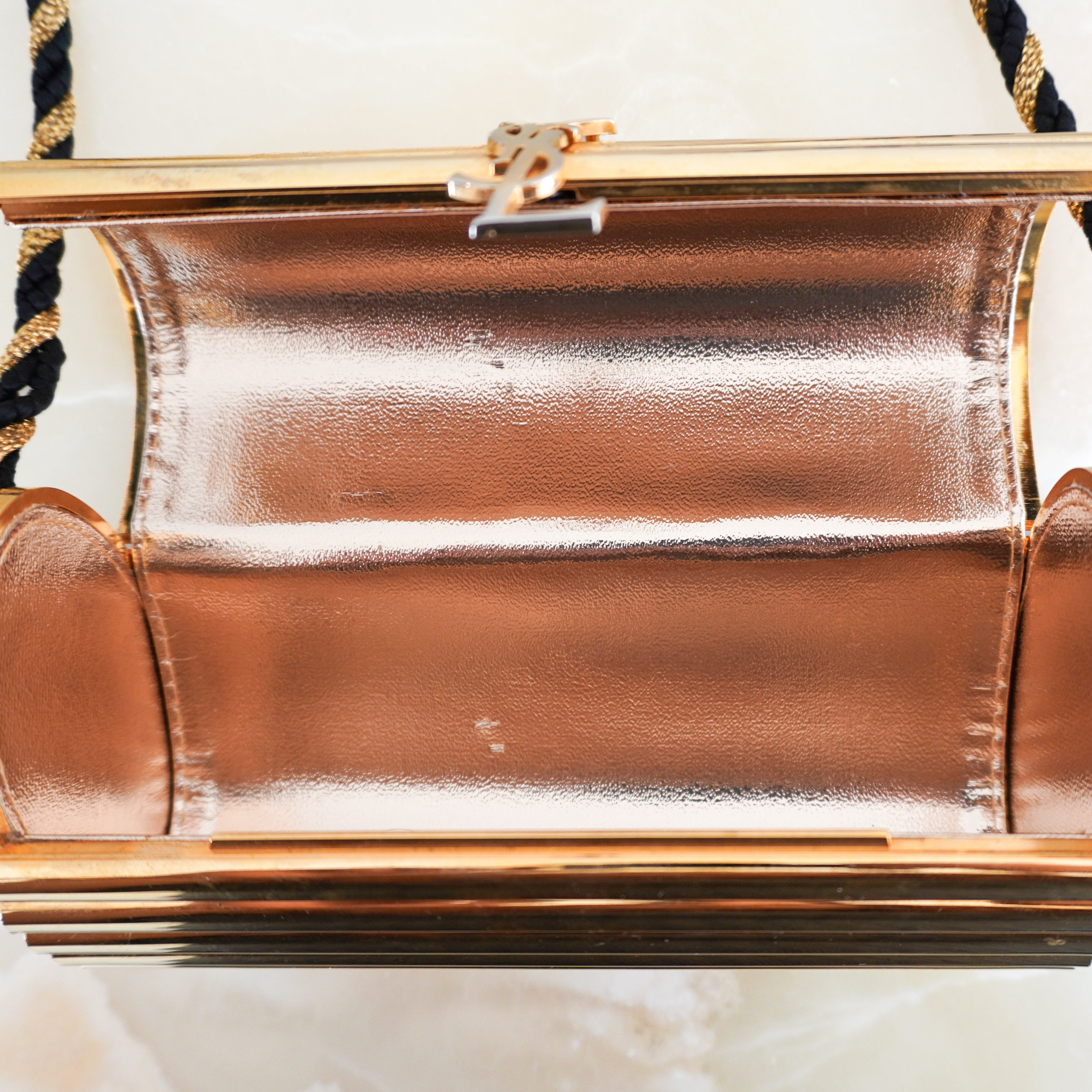 Saint Laurent Vintage Opium Gold Metal Minaudière Crossbody Bag | Authentic Preloved