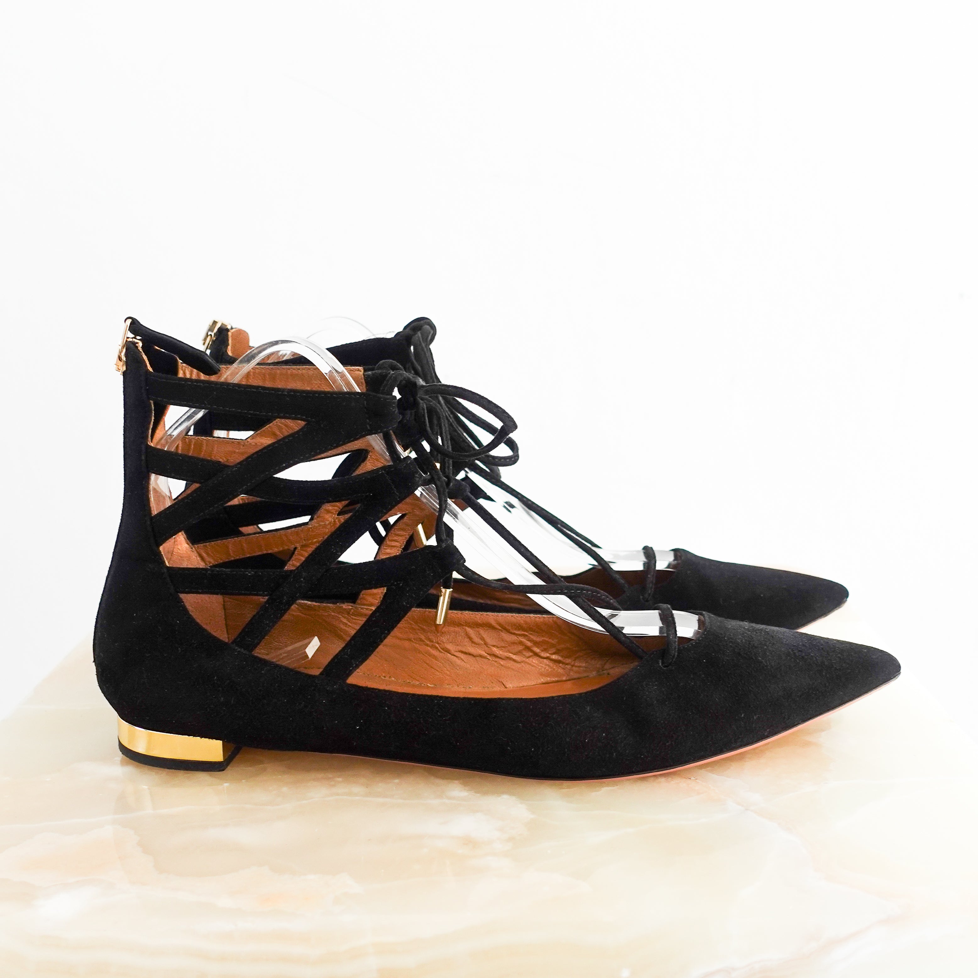 Aquazzura black suede lace up flats RRP £350 | Authentic Preloved