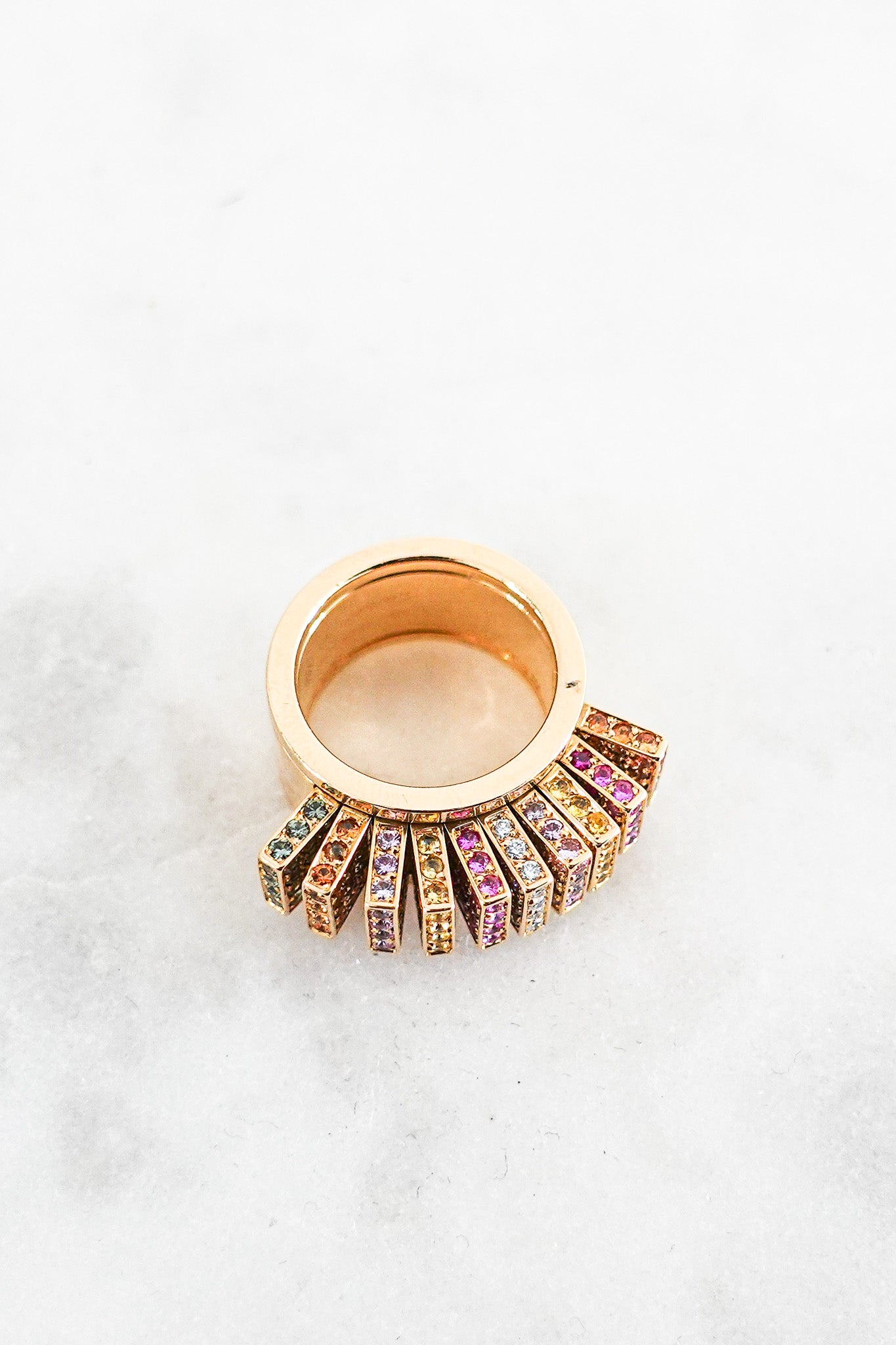 Multicolour diamond sapphire fan 18k rose gold ring RRP £20k