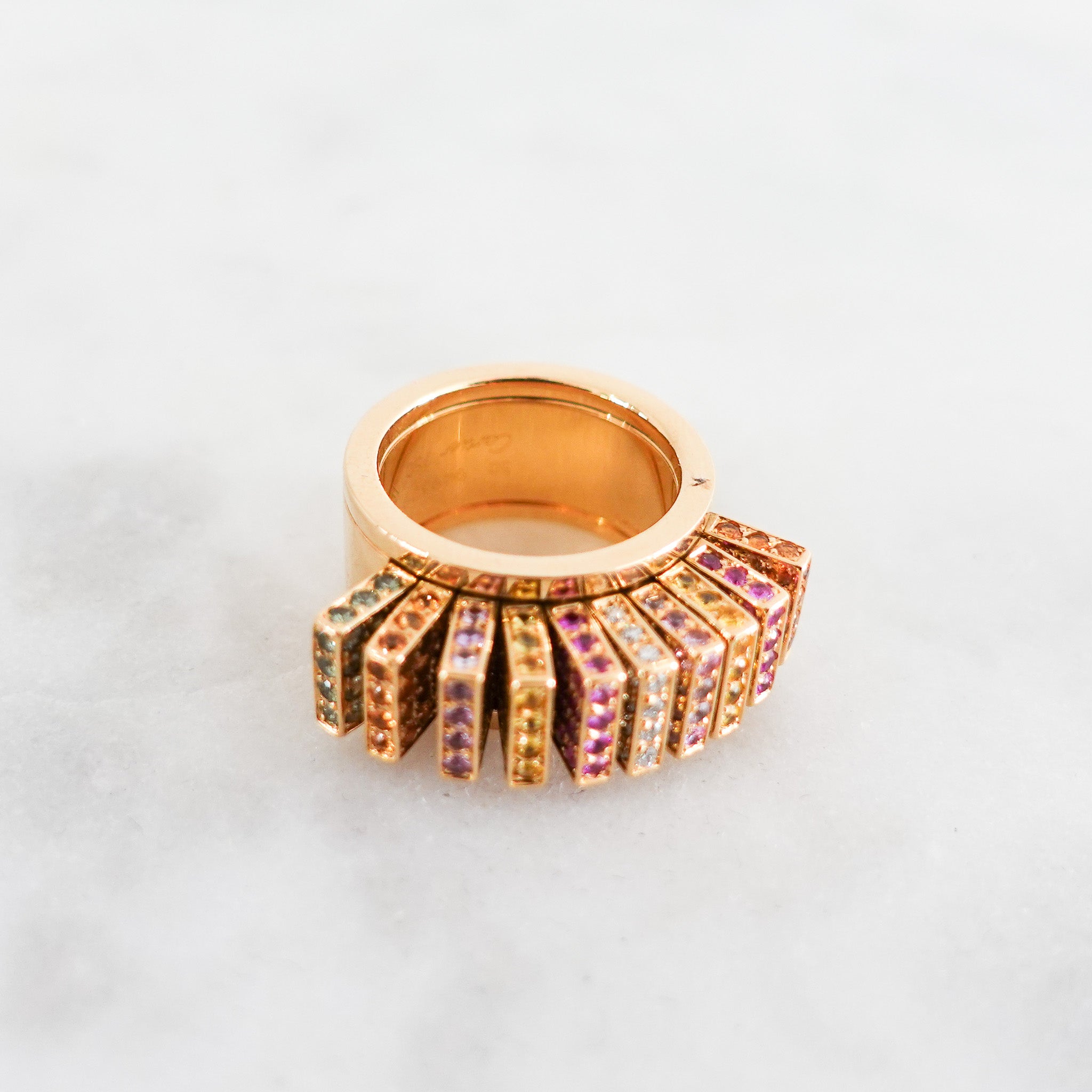 Multicolour diamond sapphire fan 18k rose gold ring RRP £20k