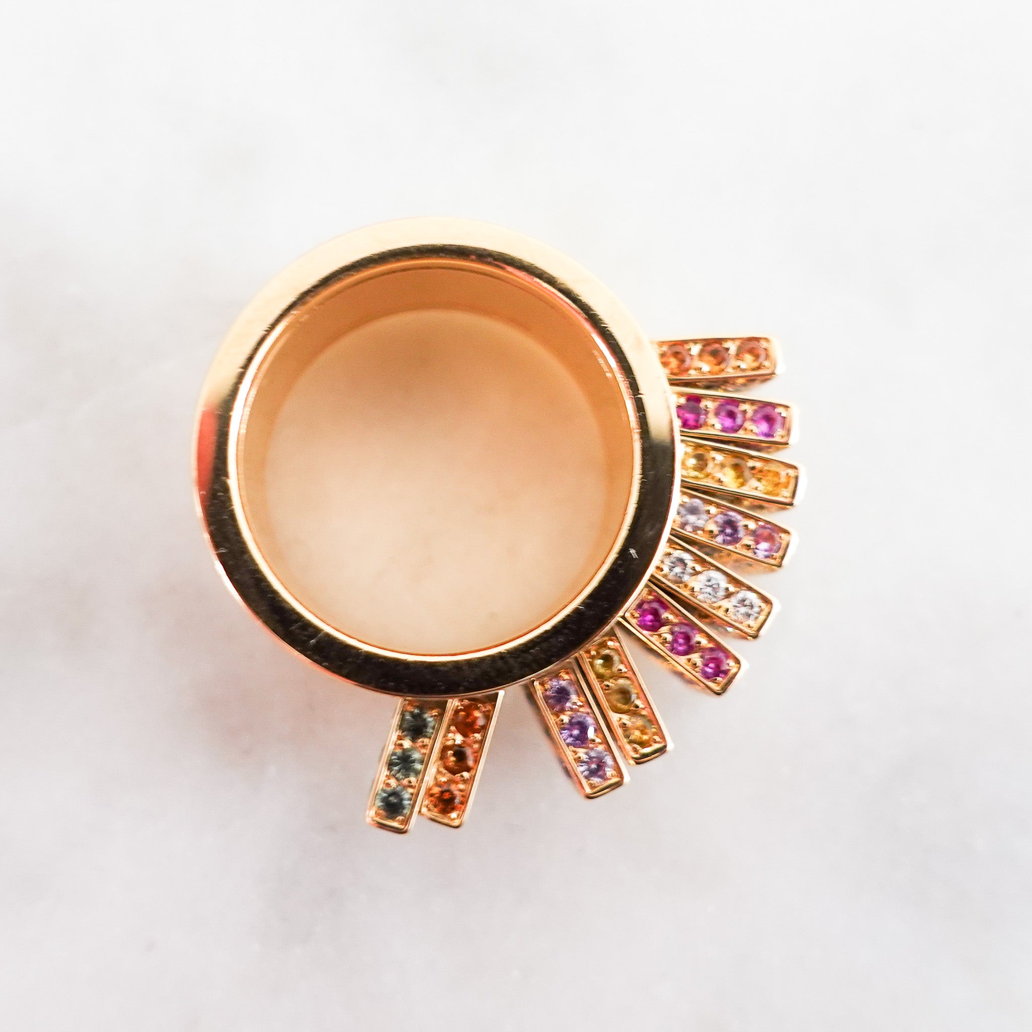 Multicolour diamond sapphire fan 18k rose gold ring RRP £20k