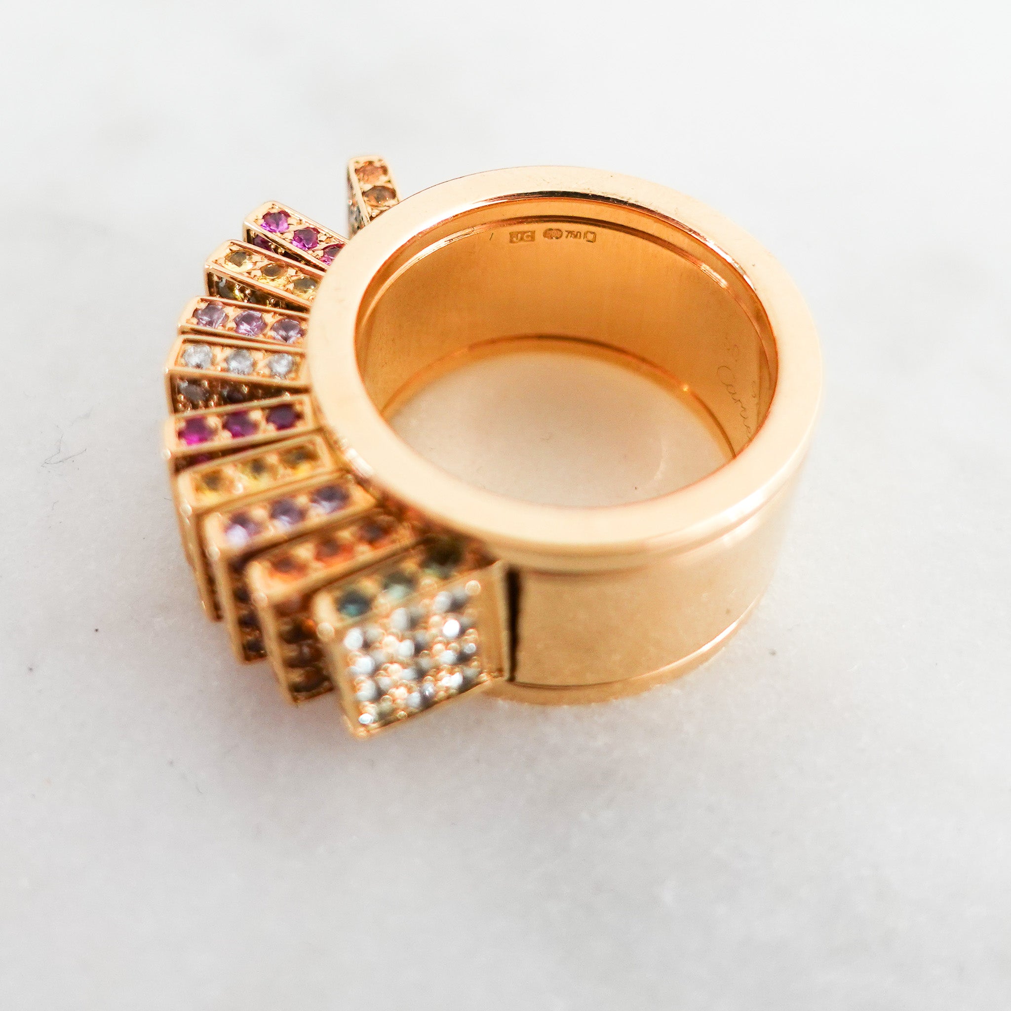 Multicolour diamond sapphire fan 18k rose gold ring RRP £20k