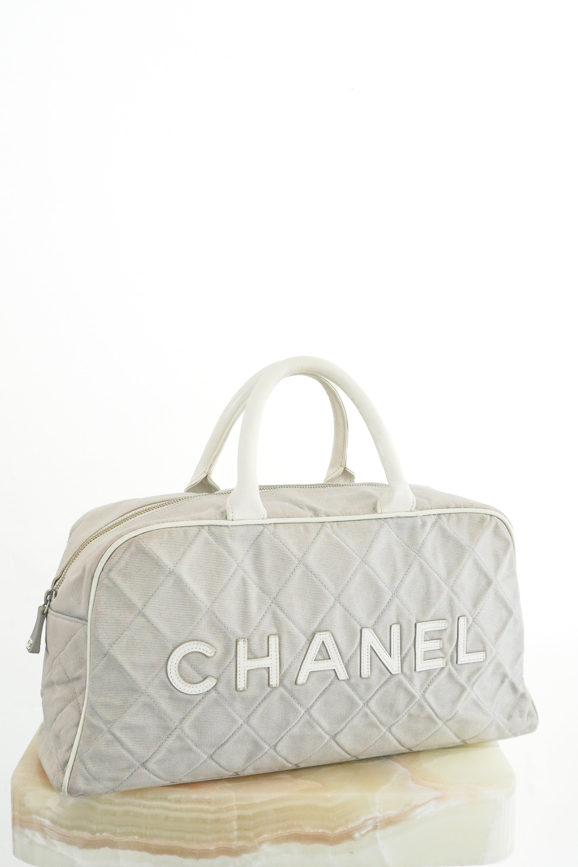 Chanel Vintage Sports Line Quilted Grey Canvas Bowling Bag | Authentic Preloved