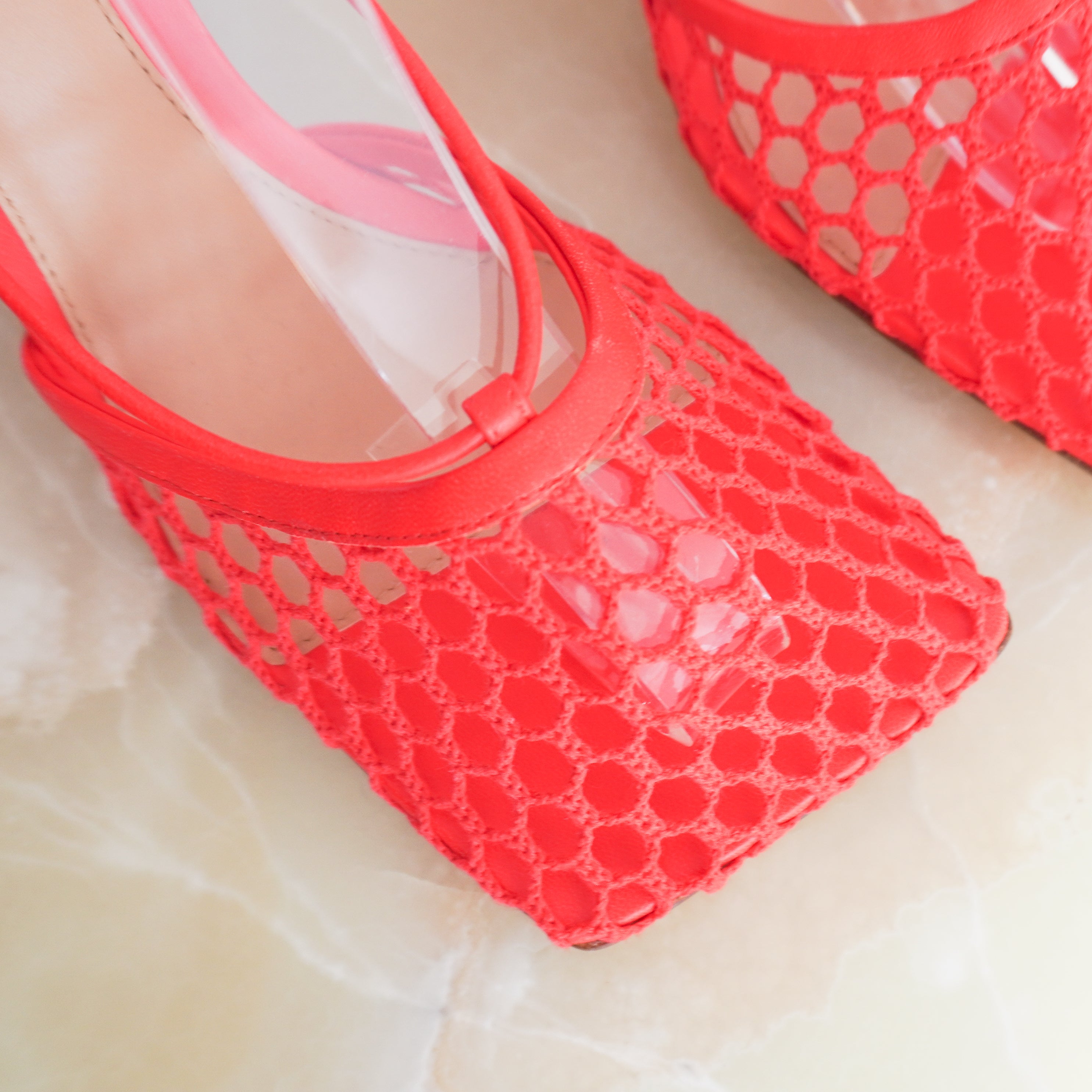 NEW Bottega Veneta Stretch Lace-Up Leather-Trimmed Mesh Pumps in Red (RRP £770) | Authentic Preloved