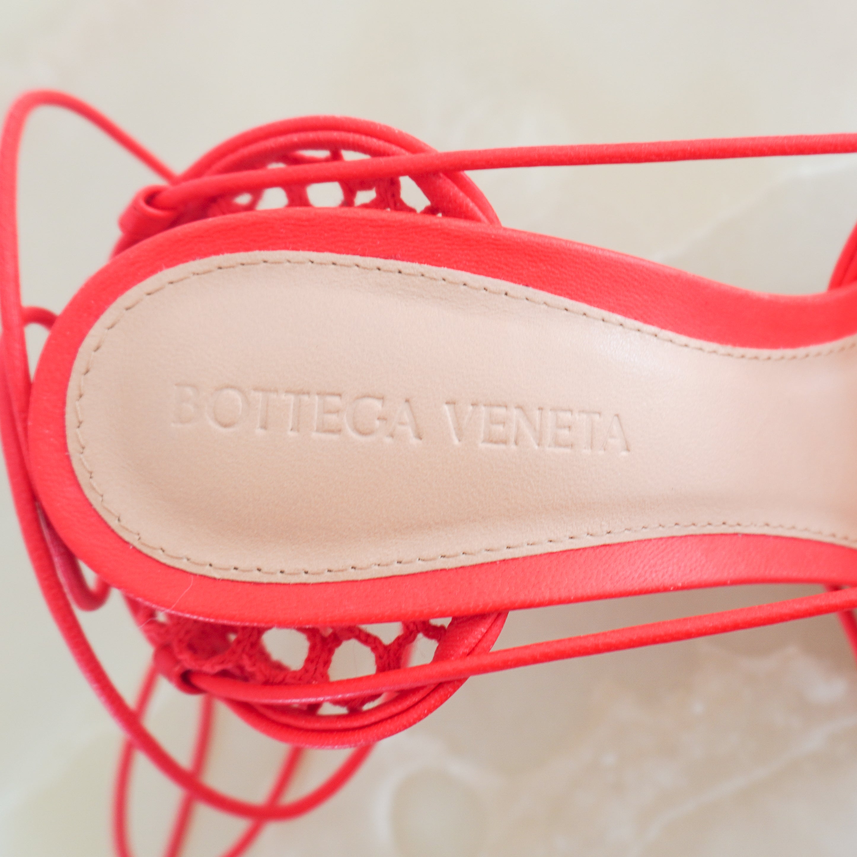 NEW Bottega Veneta Stretch Lace-Up Leather-Trimmed Mesh Pumps in Red (RRP £770) | Authentic Preloved