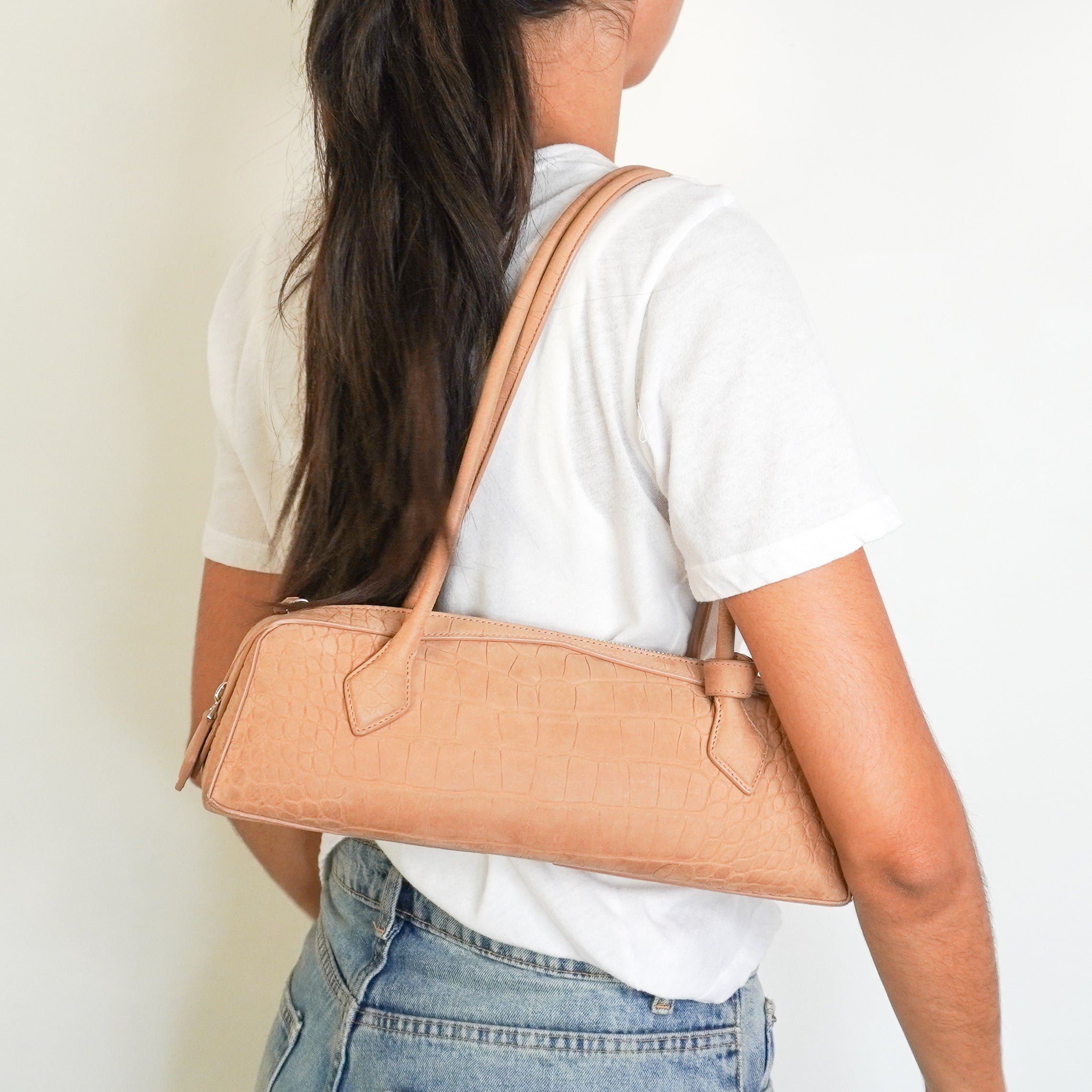 Alaïa Le Teckel Medium Croc-Embossed Suede Shoulder Bag Beige (RRP £2100) | Authentic Preloved