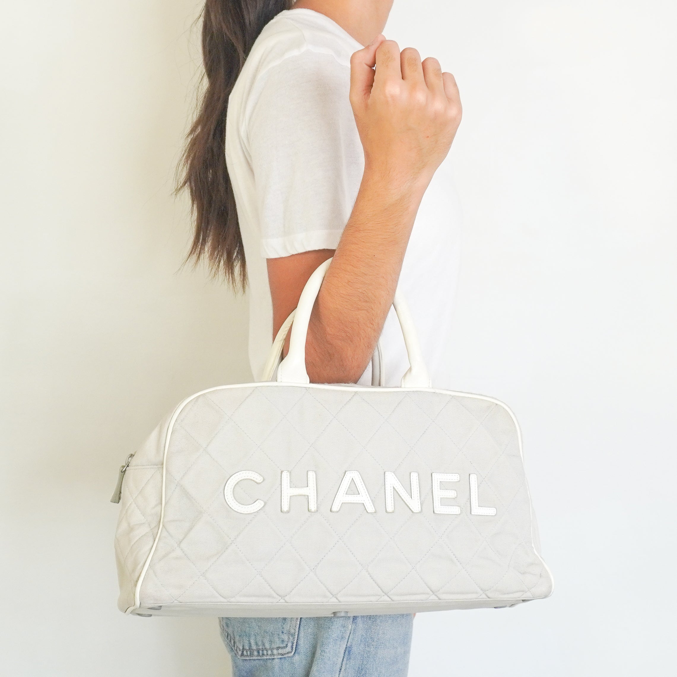 Chanel Vintage Sports Line Quilted Grey Canvas Bowling Bag | Authentic Preloved