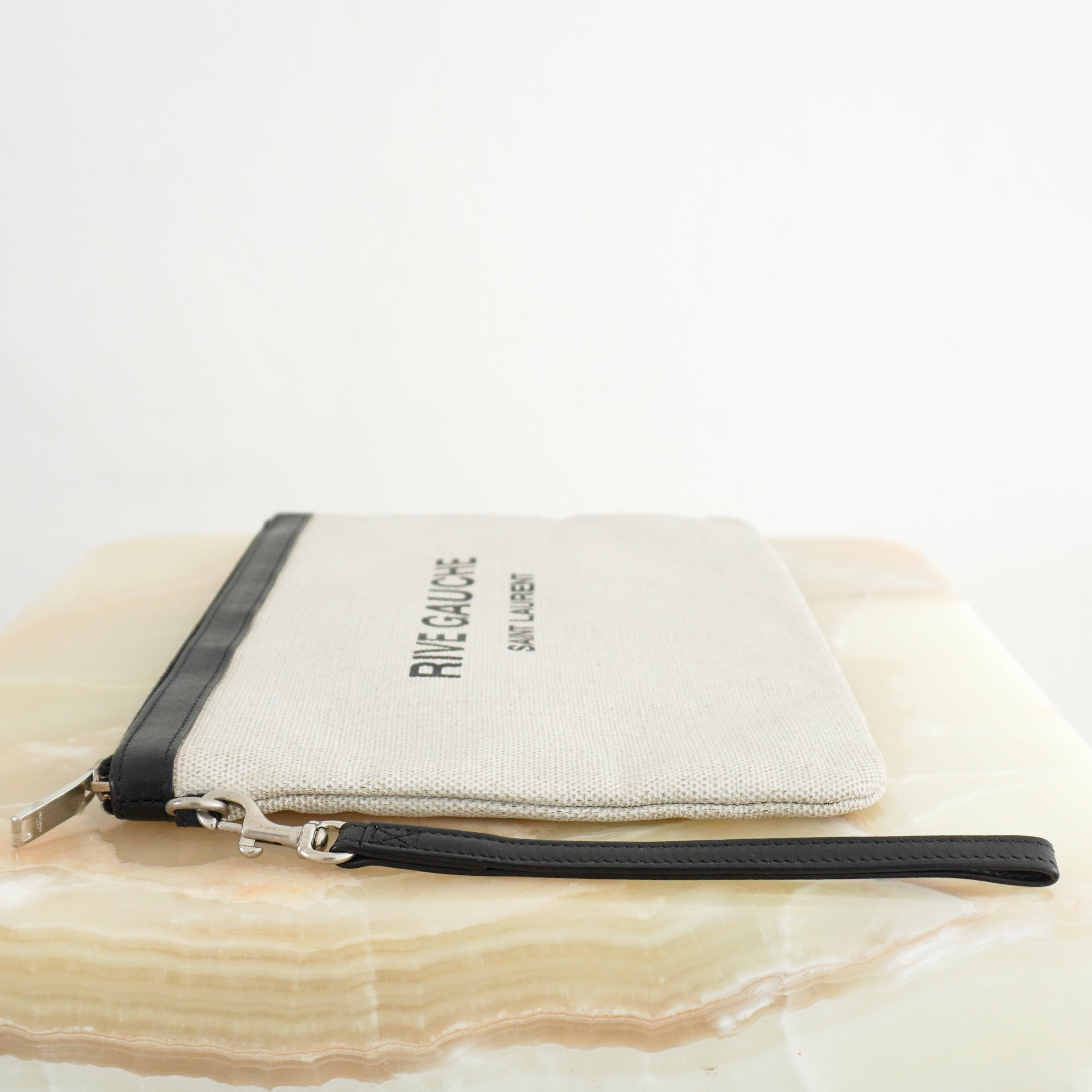 Saint Laurent Rive Gauche Zipped Pouch in Natural and Black (RRP £450) | Authentic Preloved