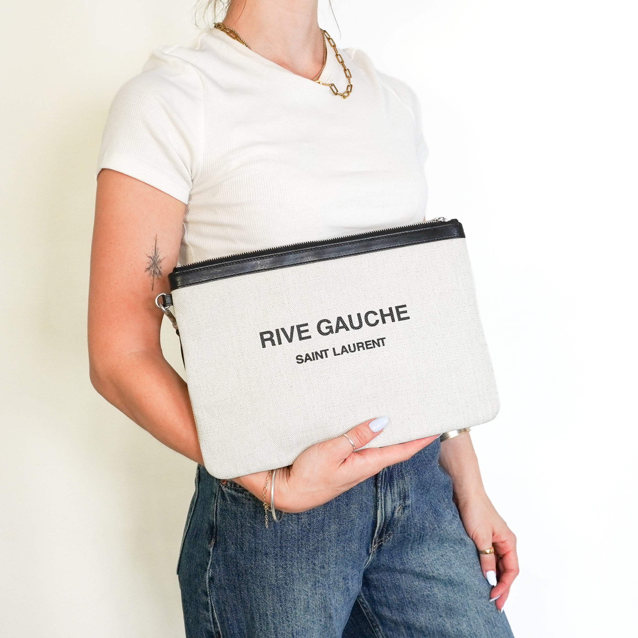 Saint Laurent Rive Gauche Zipped Pouch in Natural and Black (RRP £450) | Authentic Preloved