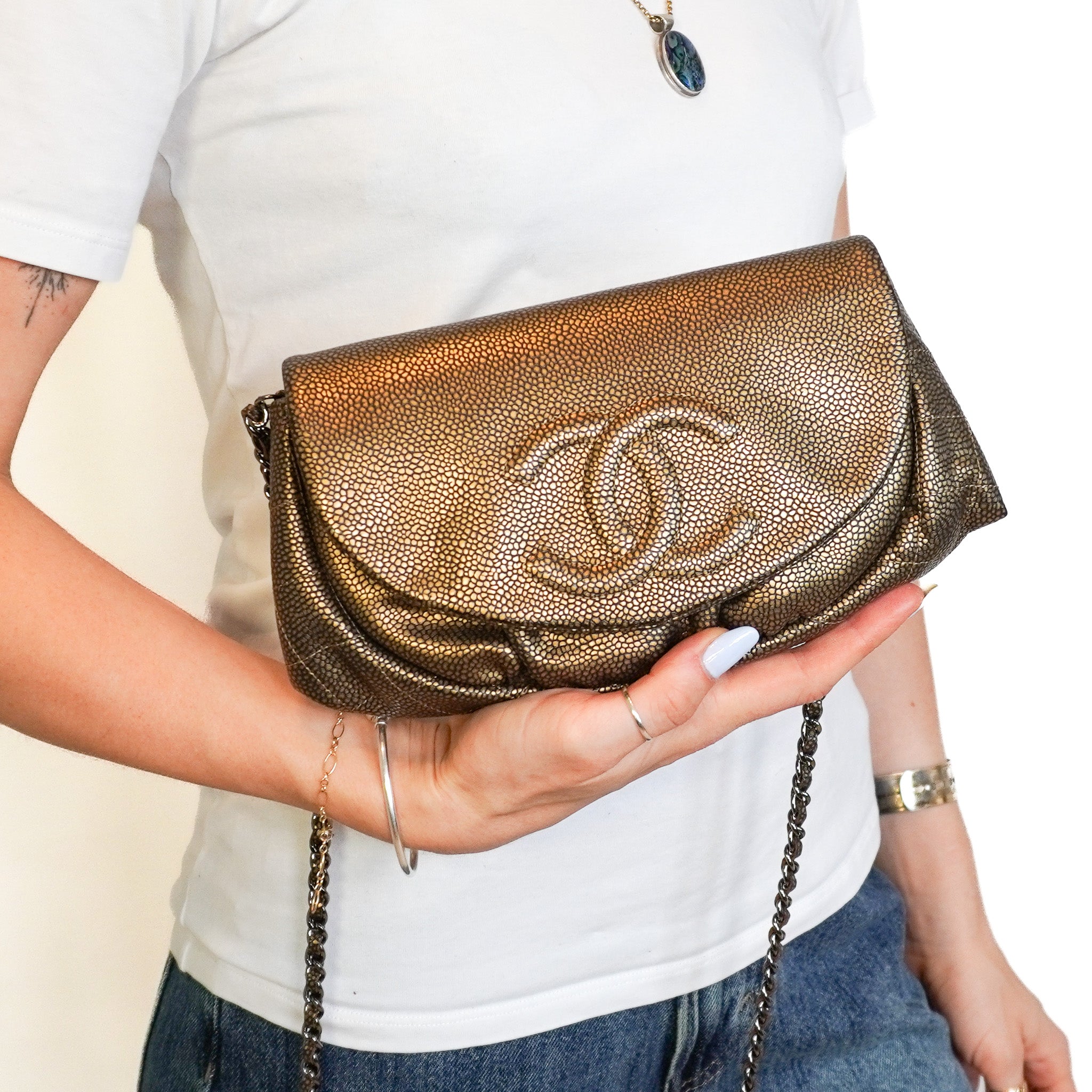 Chanel Gold CC Half Moon Wallet on a Chain | Authentic Preloved