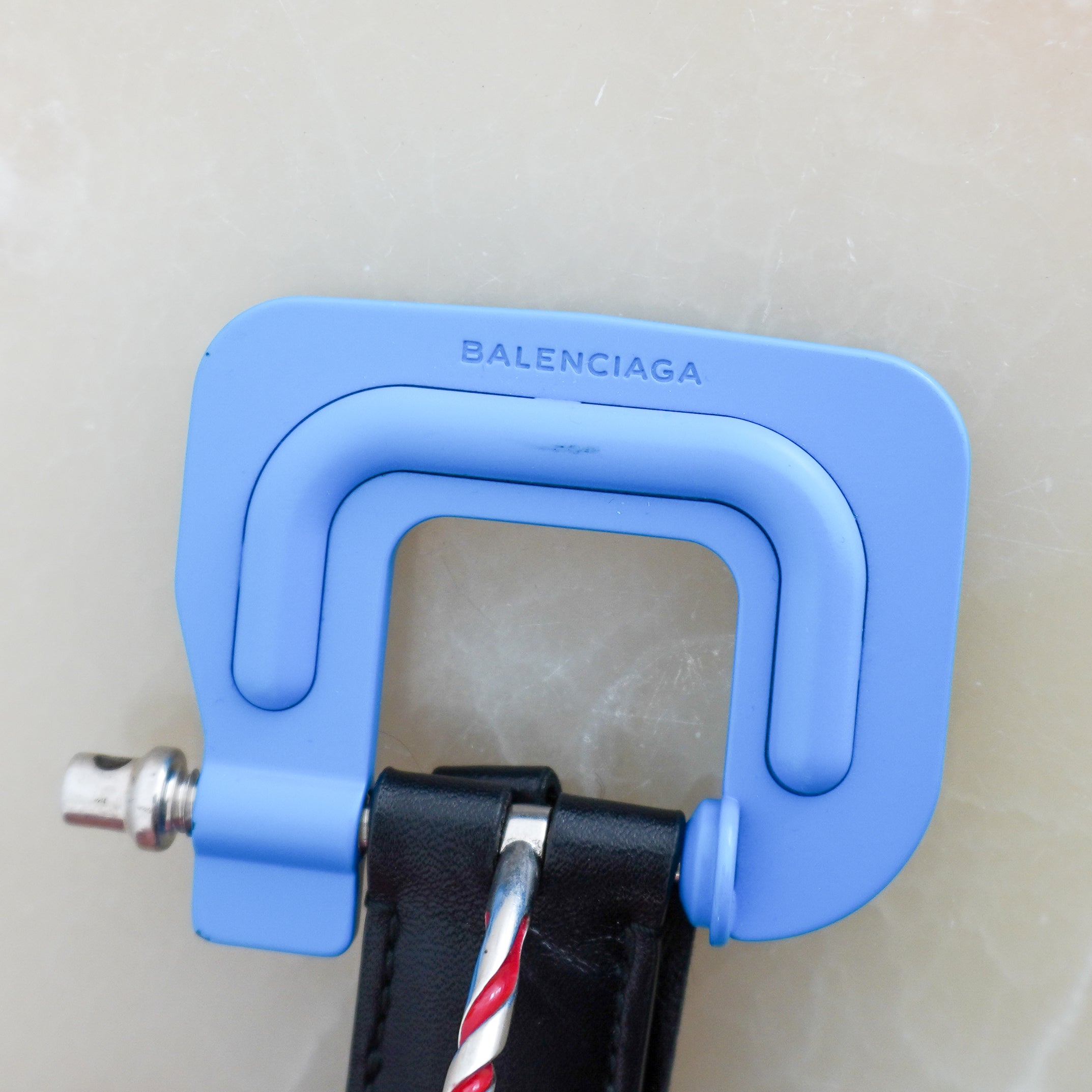 Balenciaga Black Leather Belt with Blue Tool Buckle (RRP £400) | Authentic Preloved FINAL SALE