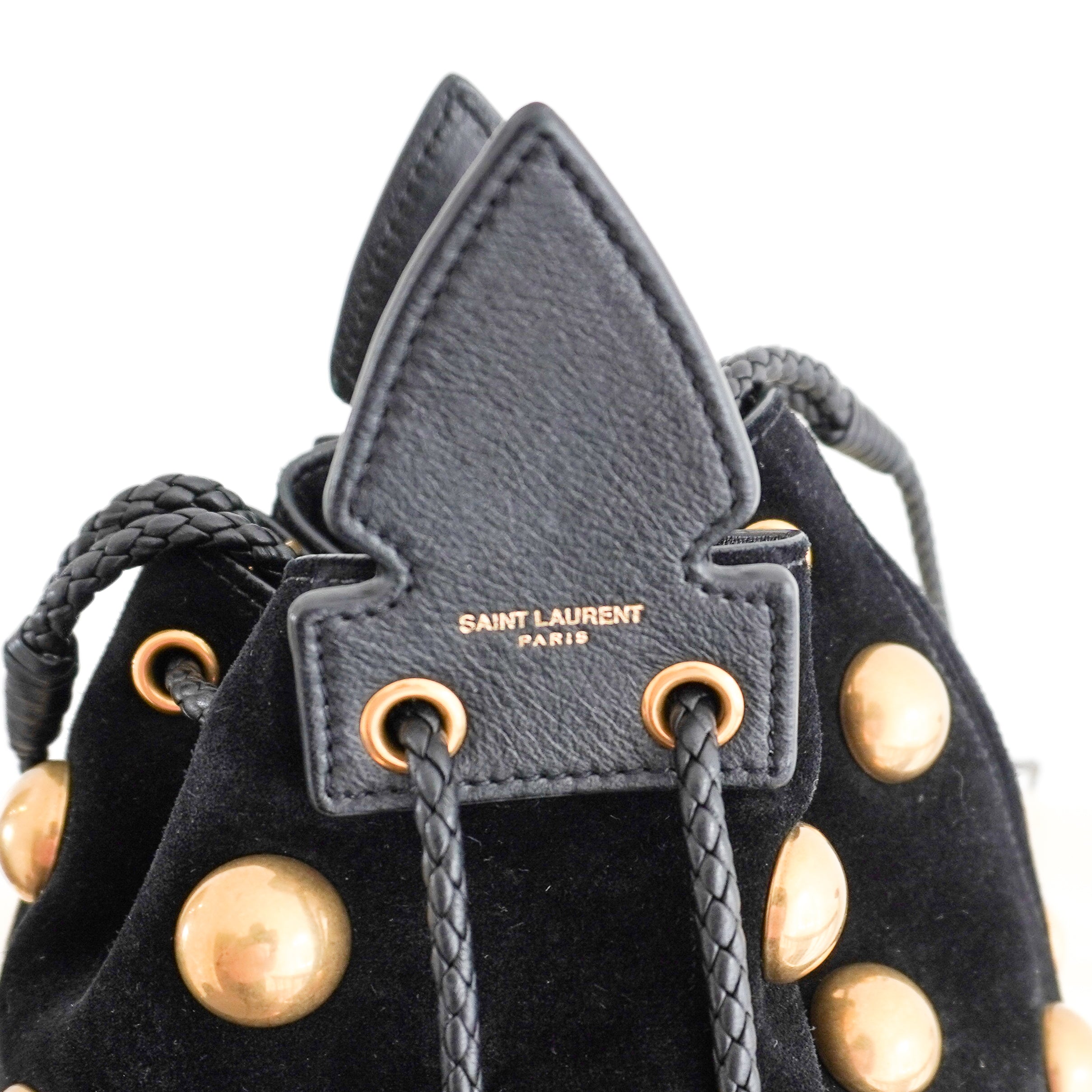 Saint Laurent Small Anja Studded Suede Bucket Bag in Black & Gold (RRP £1150) | Authentic Preloved