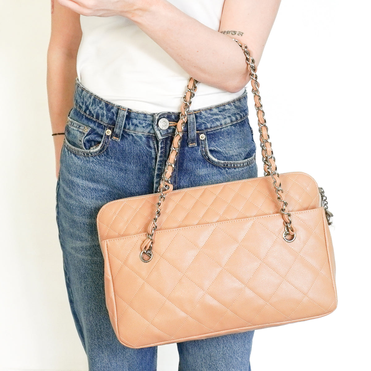 Chanel Vintage Beige Quilted Caviar Leather Zip Top Shoulder Bag | Authentic Preloved - Reloved Again