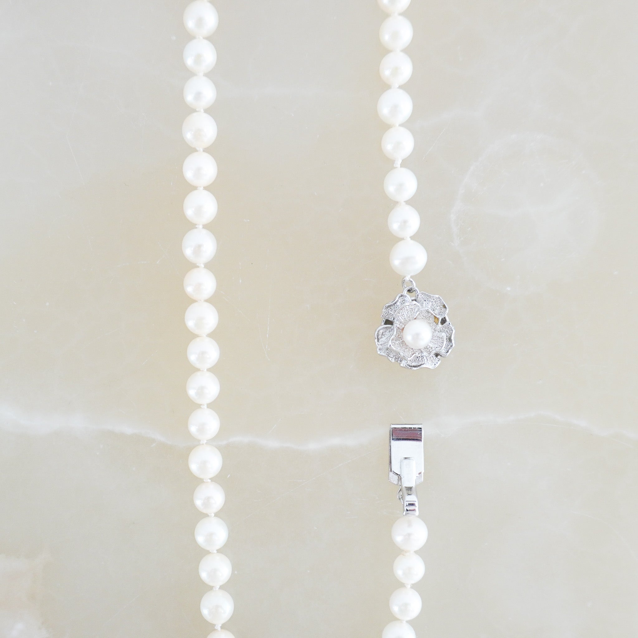 Akoya Vintage Japanese Pearl Necklace with Silver Floral Clasp (RRP £850) | Authentic Preloved FINAL SALE