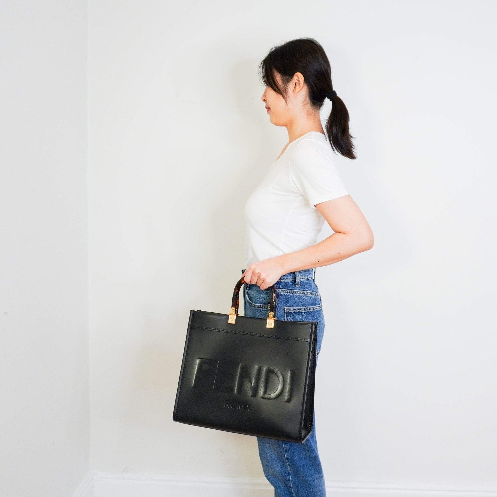 Fendi Sunshine Medium Black Leather Tote Bag RRP £2250 | Authentic Preloved - Reloved Again