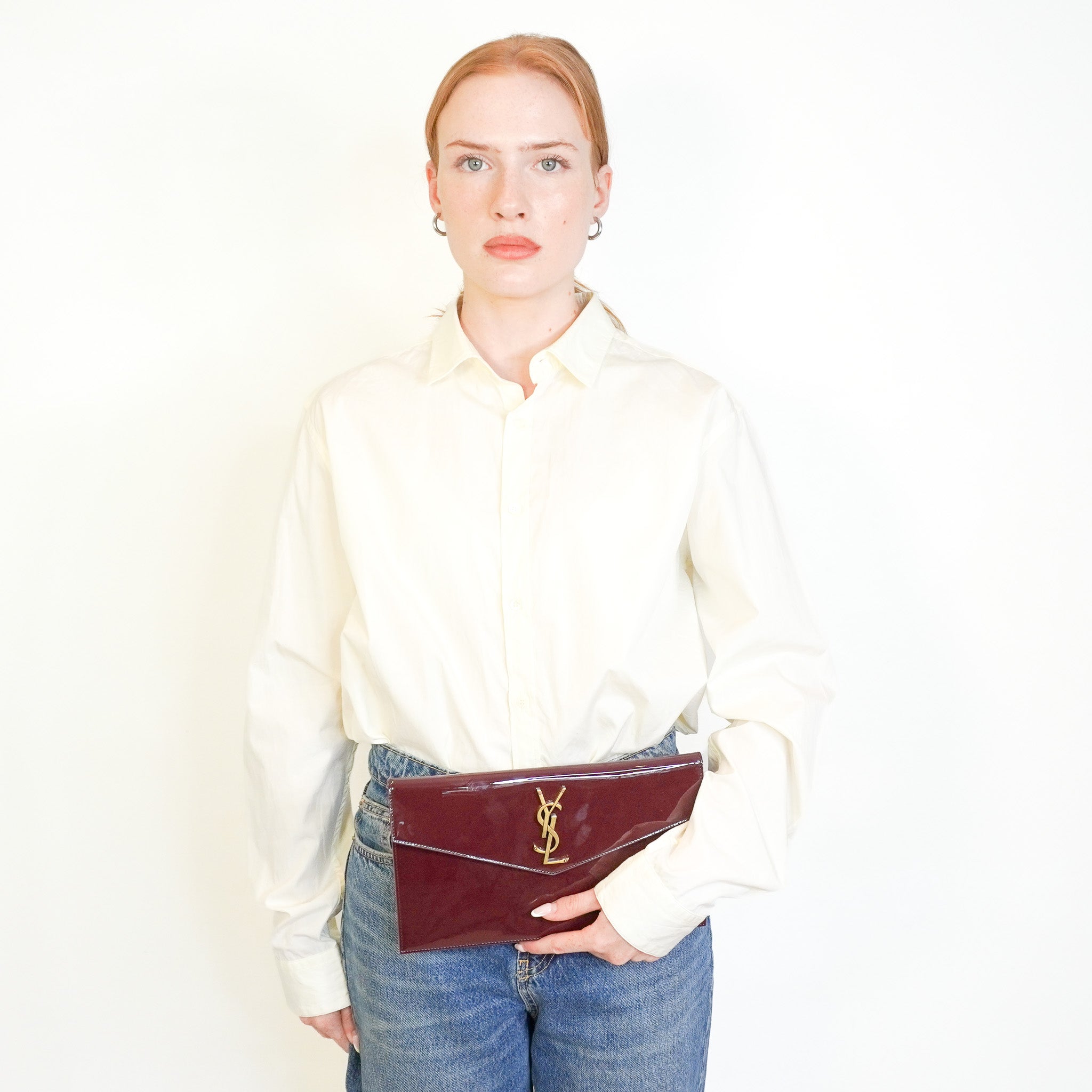 Saint Laurent Uptown Pouch in Burgundy Patent Leather (RRP £580) | Authentic Preloved