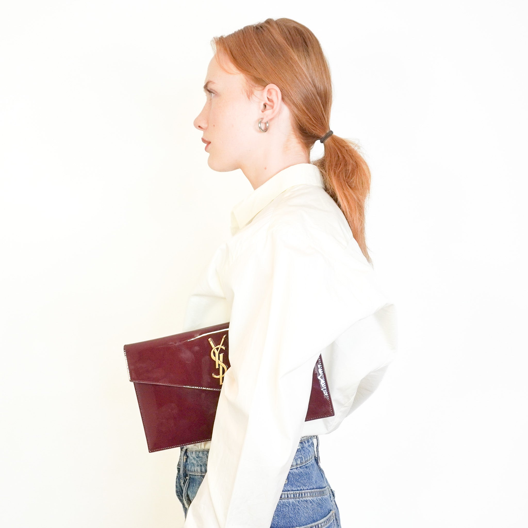 Saint Laurent Uptown Pouch in Burgundy Patent Leather (RRP £580) | Authentic Preloved