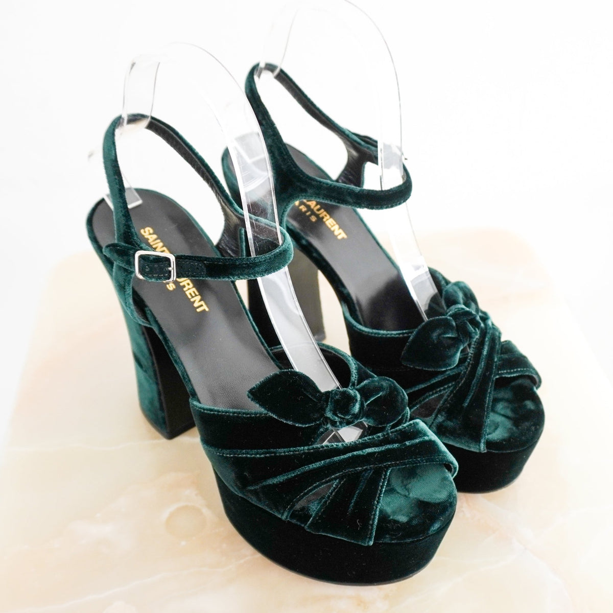 Saint Laurent Farrah Velvet Platform Sandals in Bottle Green (RRP £750) | Authentic Preloved - Reloved Again