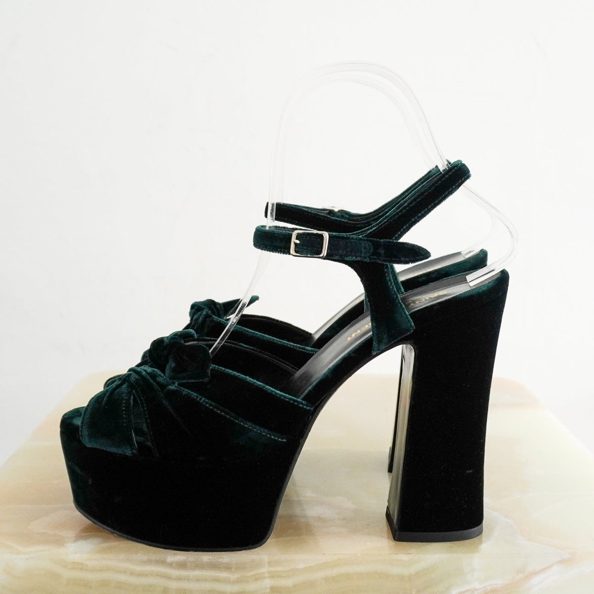 Saint Laurent Farrah Velvet Platform Sandals in Bottle Green (RRP £750) | Authentic Preloved - Reloved Again