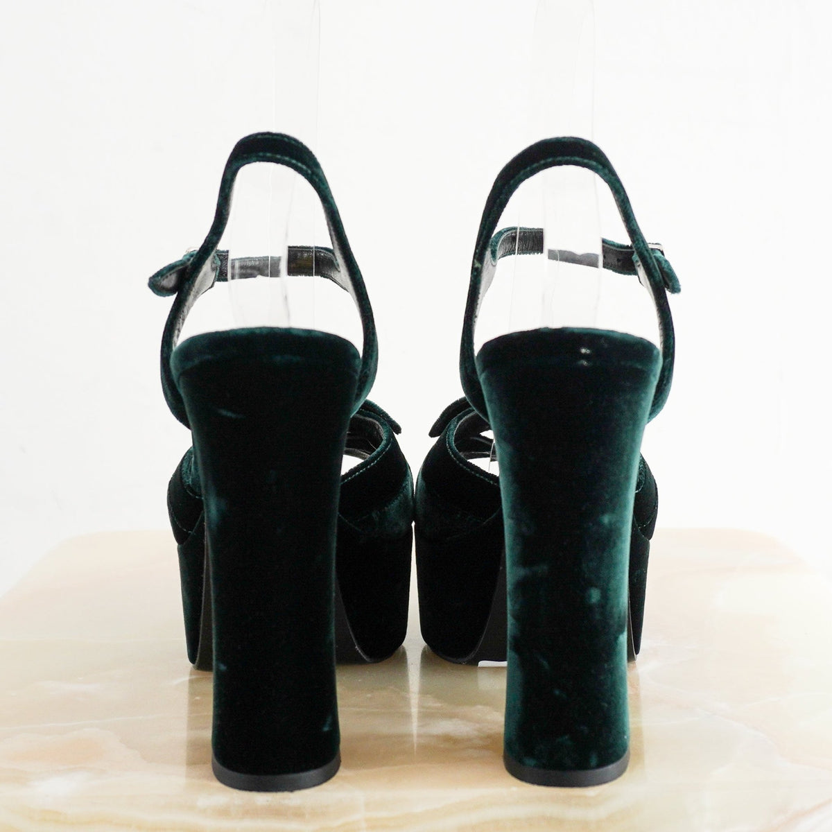 Saint Laurent Farrah Velvet Platform Sandals in Bottle Green (RRP £750) | Authentic Preloved - Reloved Again