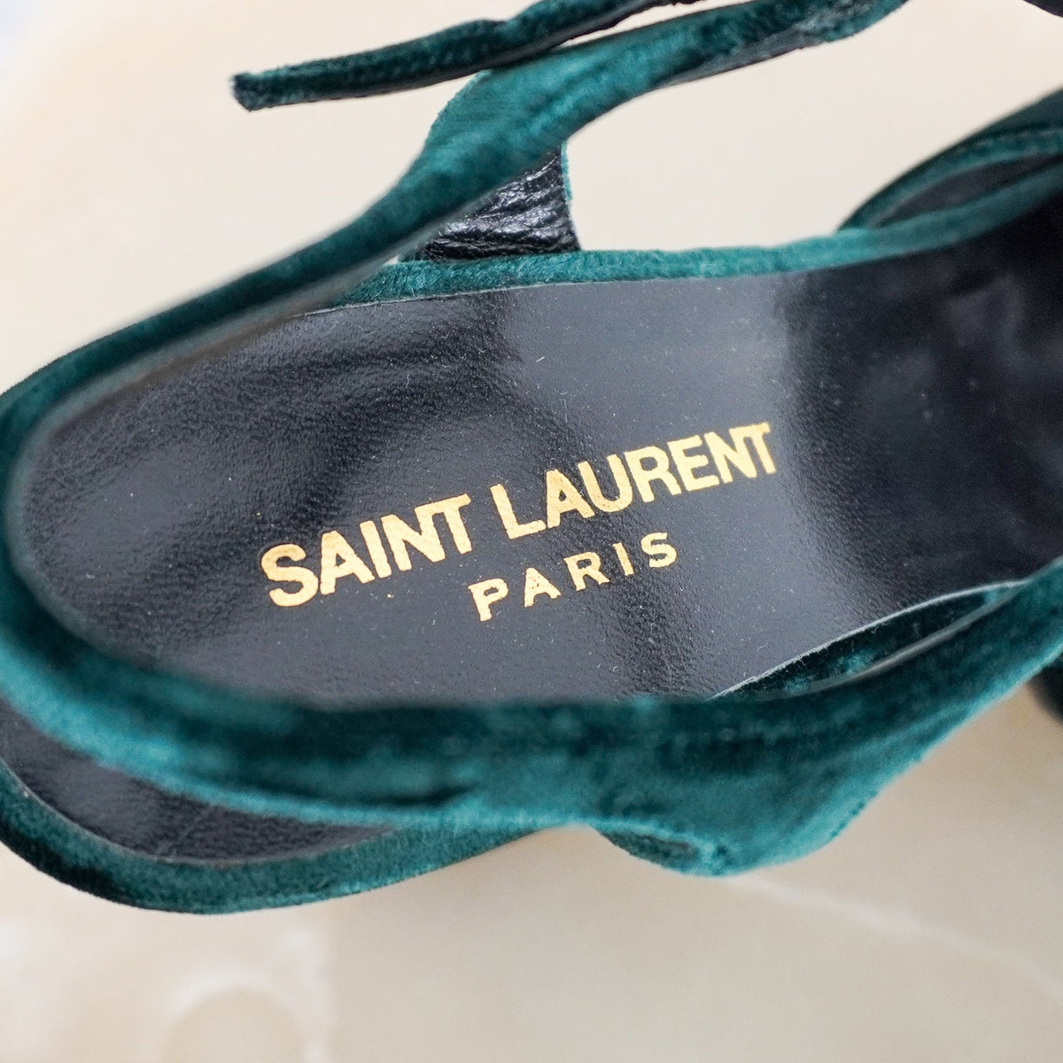Saint Laurent Farrah Velvet Platform Sandals in Bottle Green (RRP £750) | Authentic Preloved - Reloved Again