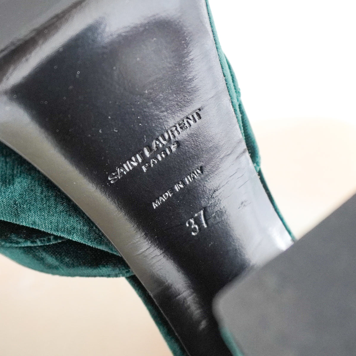 Saint Laurent Farrah Velvet Platform Sandals in Bottle Green (RRP £750) | Authentic Preloved - Reloved Again