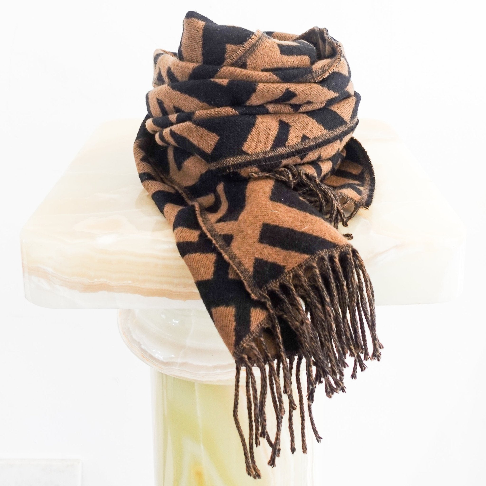 Fendi FF Logo Tobacco Brown Cashmere Knitted Scarf RRP £500 | Authentic Preloved - Reloved Again