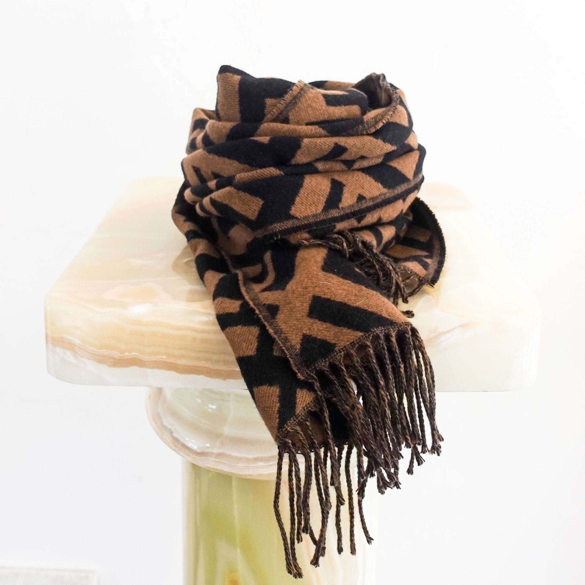 Fendi FF Logo Tobacco Brown Cashmere Knitted Scarf RRP £500 | Authentic Preloved - Reloved Again