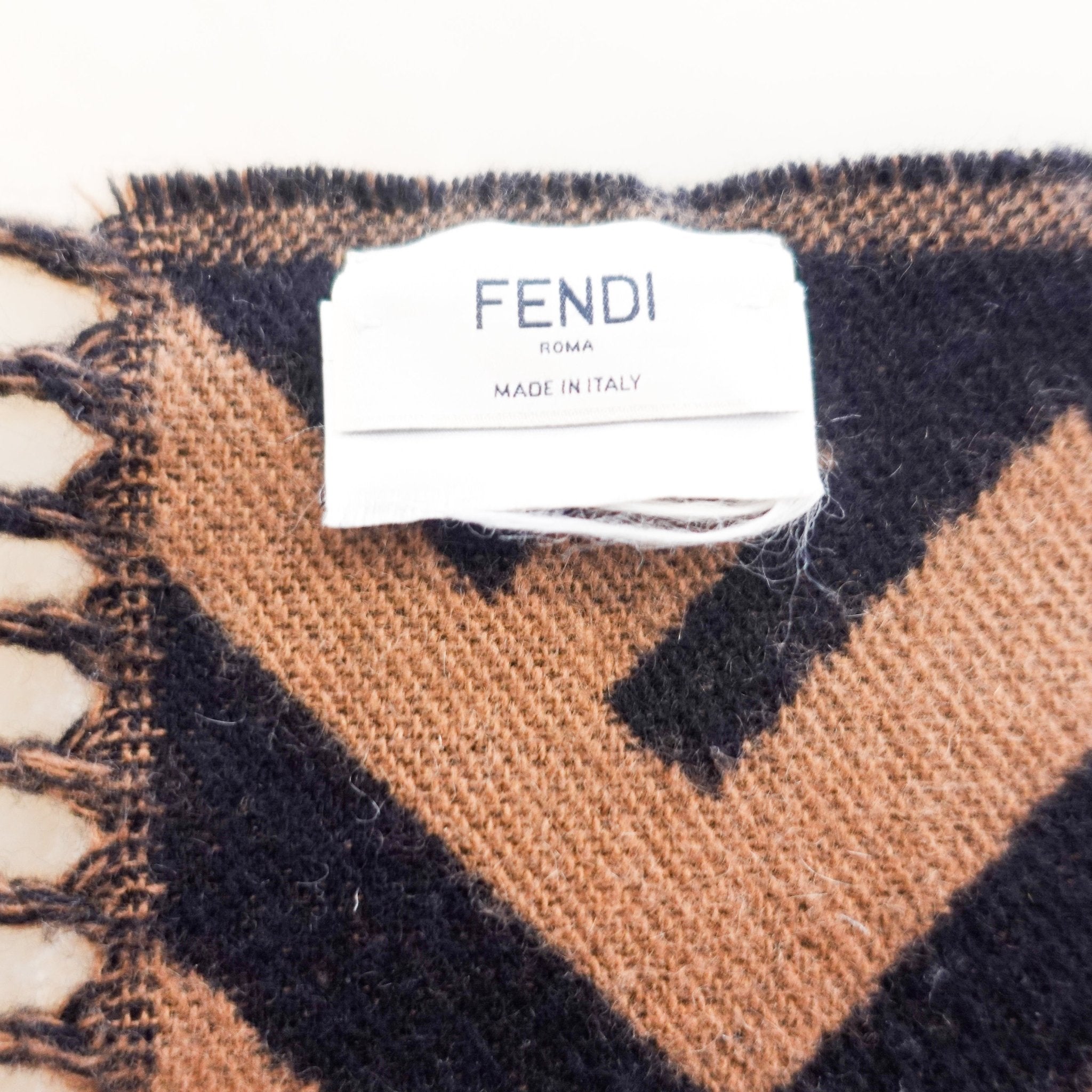 Fendi FF Logo Tobacco Brown Cashmere Knitted Scarf RRP £500 | Authentic Preloved - Reloved Again