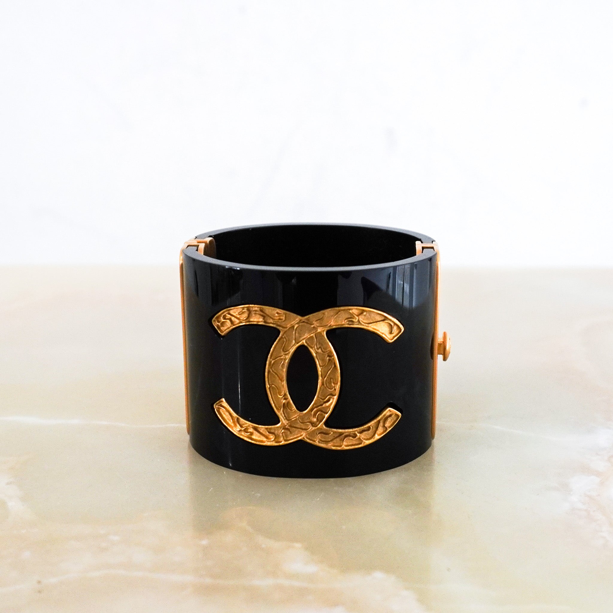 Chanel Black and Gold CC Enamel Cuff Bracelet | Authentic Preloved FINAL SALE - Reloved Again