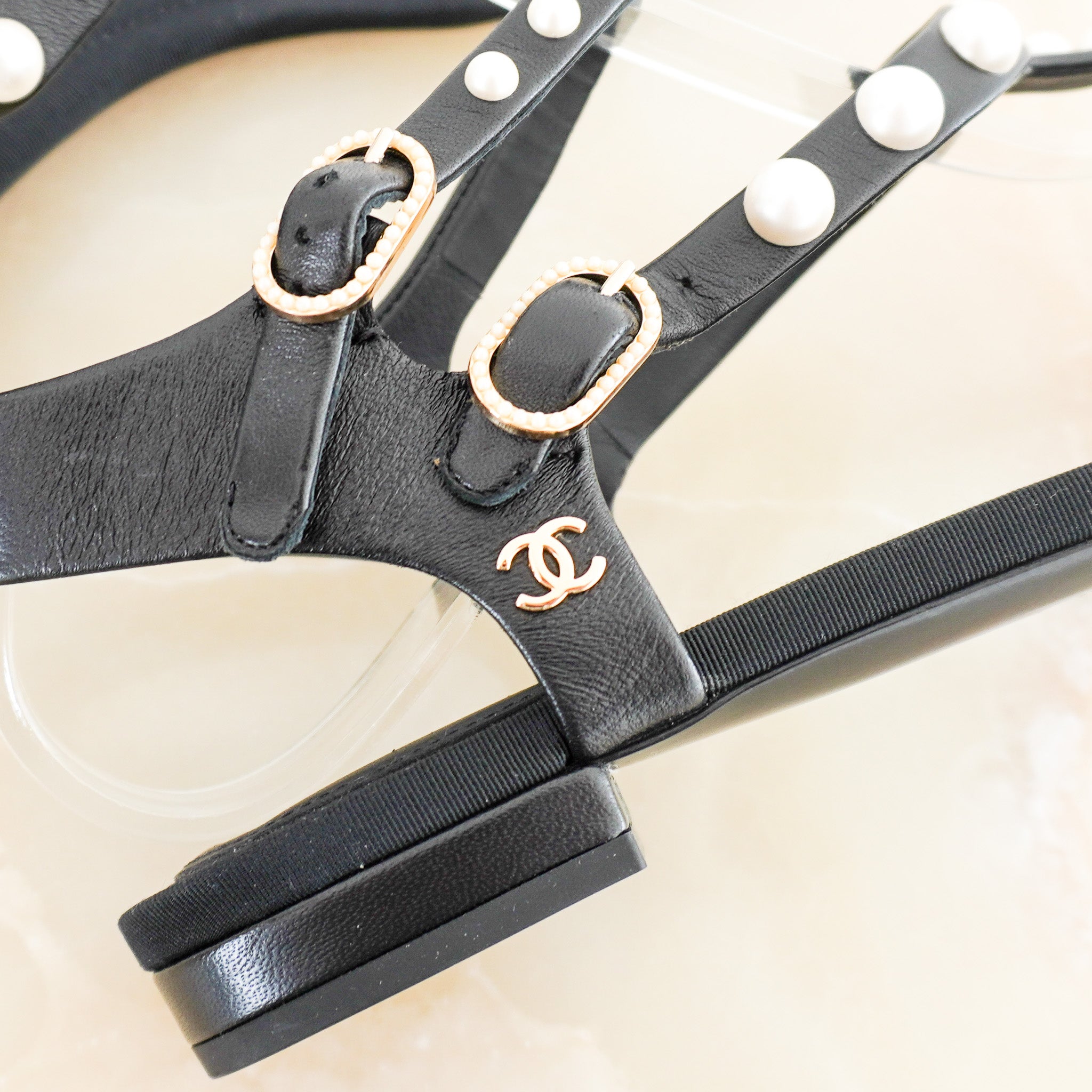 NEW Chanel Black Lambskin Leather & Pearl Embellished Sandals (RRP £900) | Authentic Preloved
