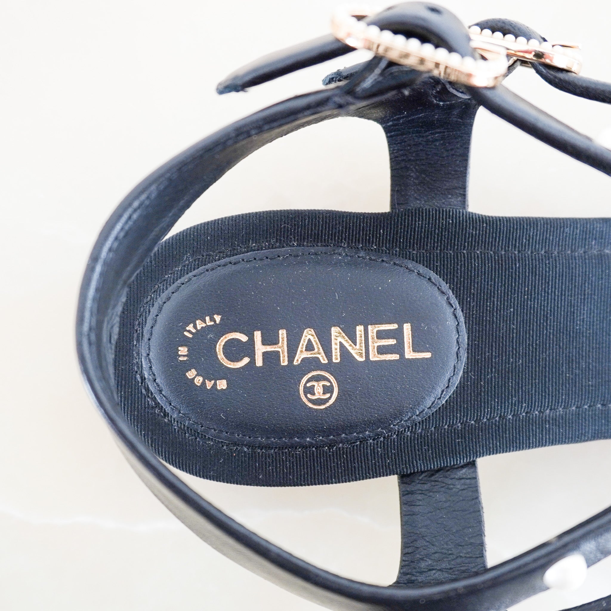 NEW Chanel Black Lambskin Leather & Pearl Embellished Sandals (RRP £900) | Authentic Preloved