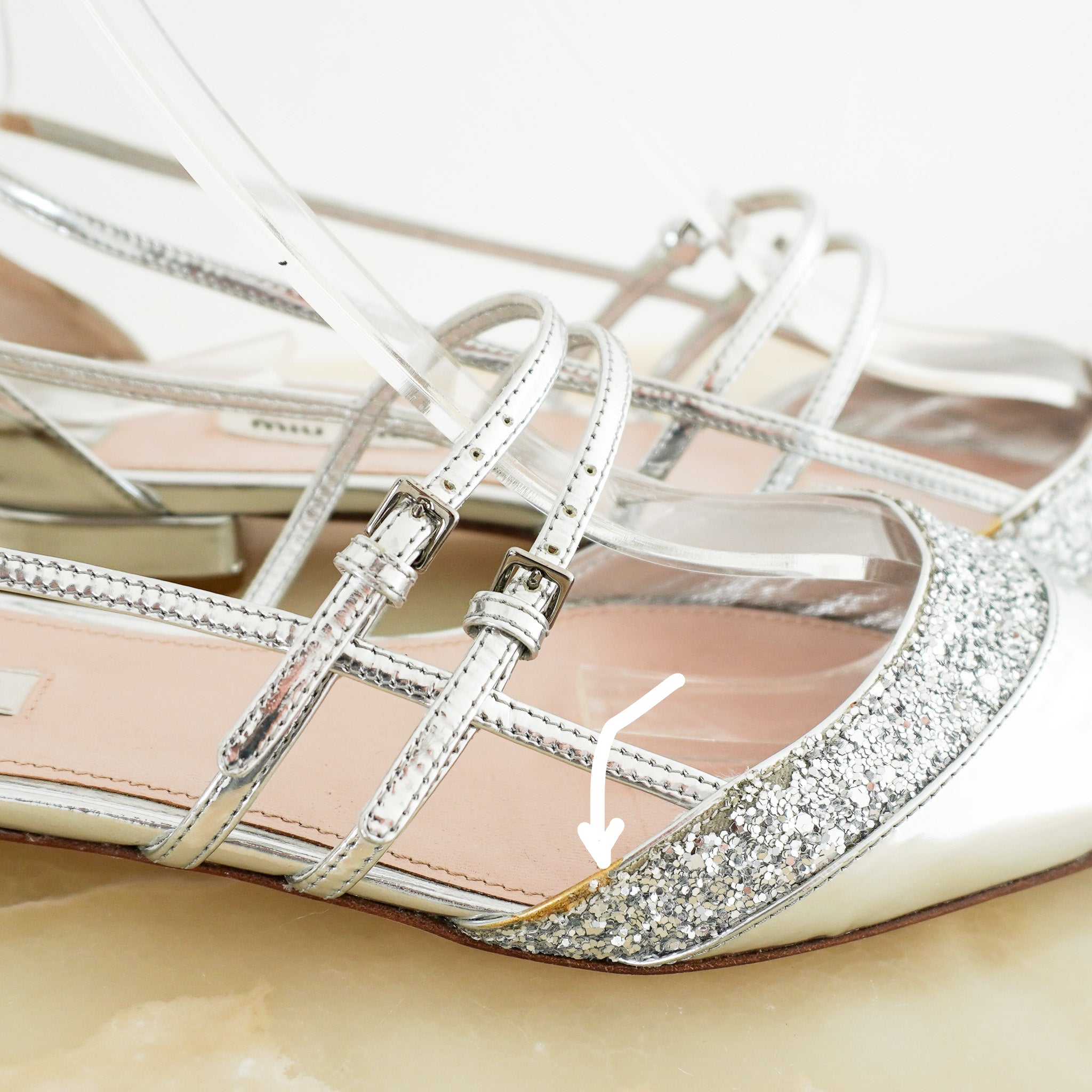 Miu Miu Silver Metallic and Glitter Slingback Flats (RRP £835) | Authentic Preloved