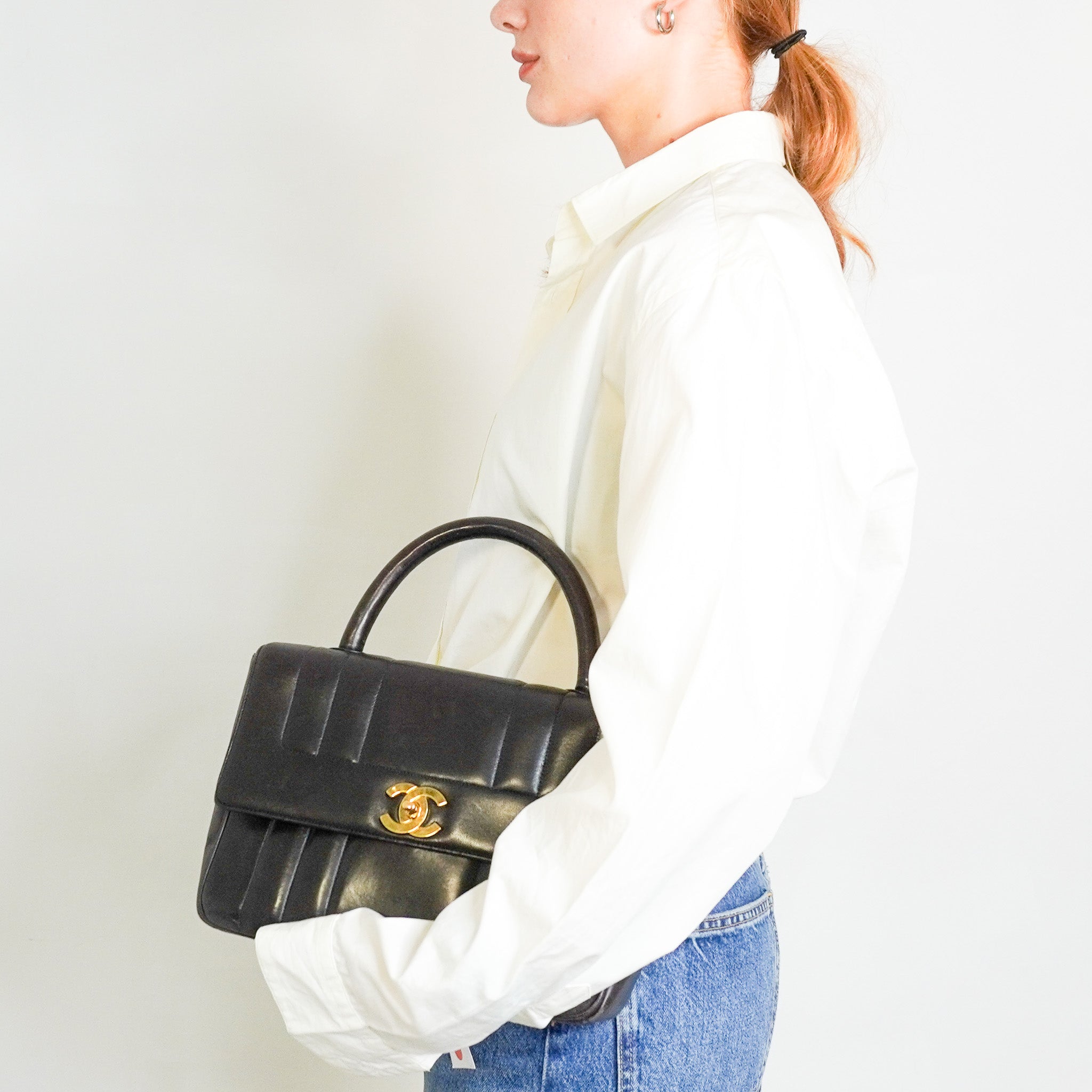 Chanel Vintage Mademoiselle Top Handle Bag in Dark Brown Lambskin Leather | Authentic Preloved