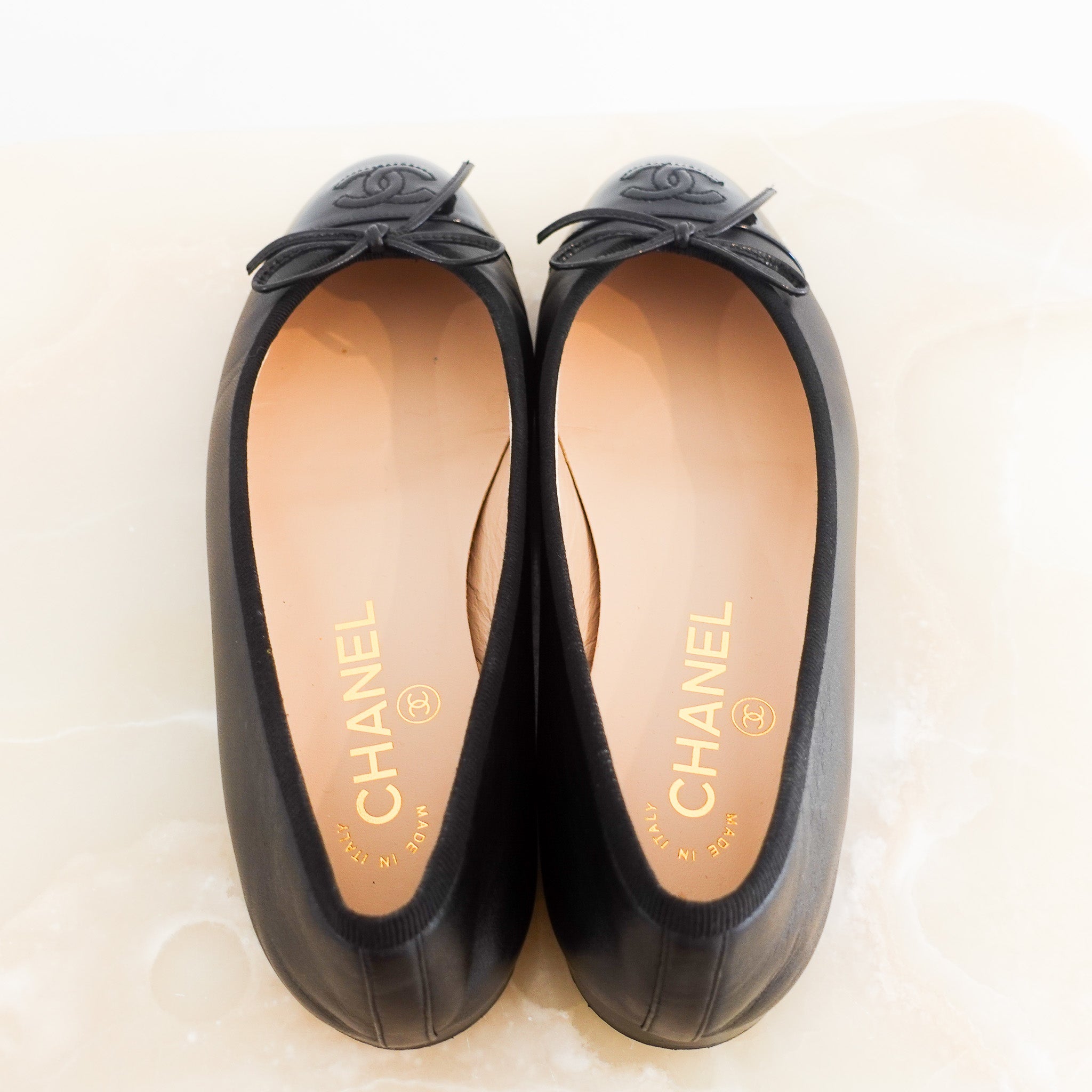 Chanel Black CC Ballet Flats with Bows RRP £1000 | Authentic Preloved - Reloved Again