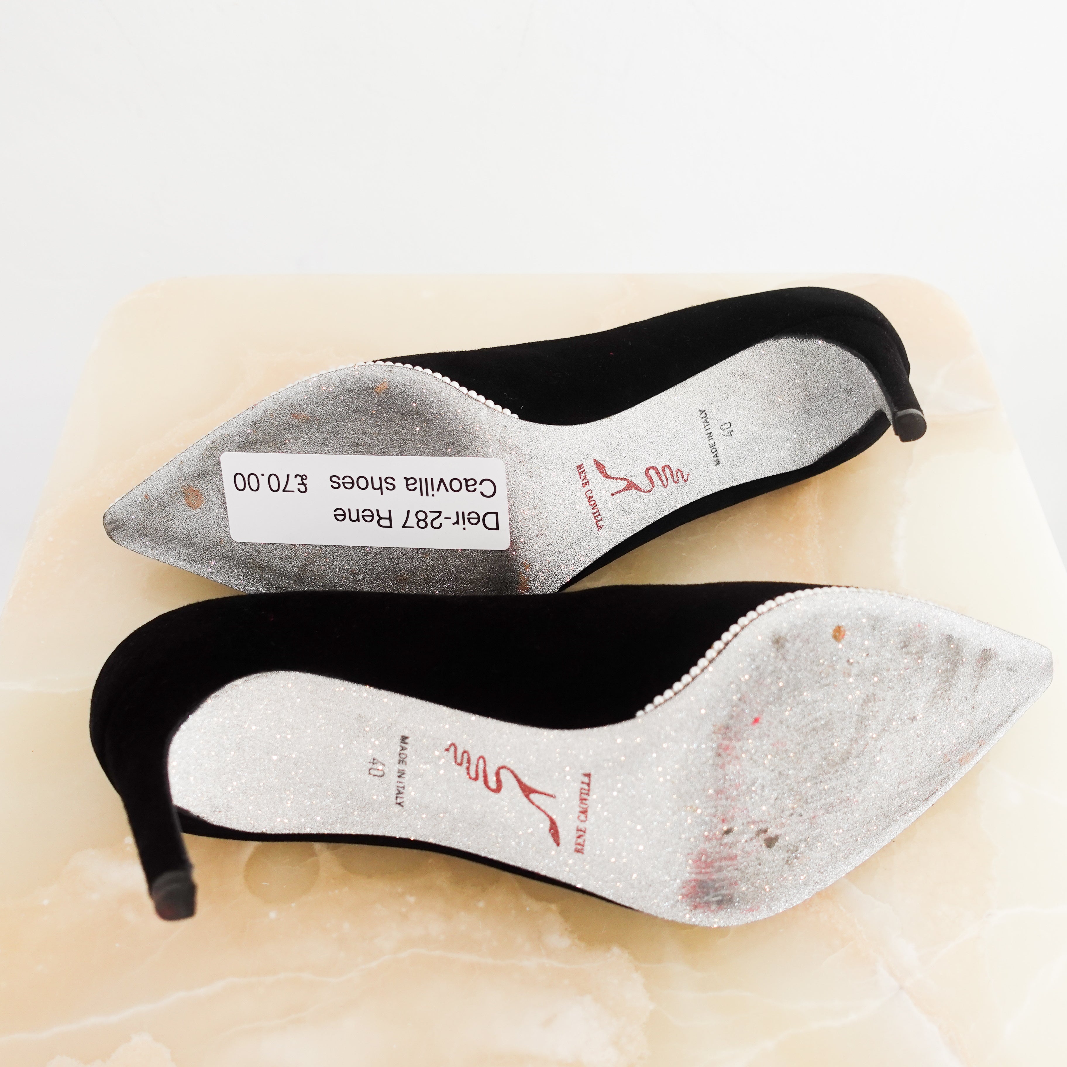 Rene Caovilla Black Velvet Pearl Lined Heeled Pumps RRP £1200 | Authentic Preloved