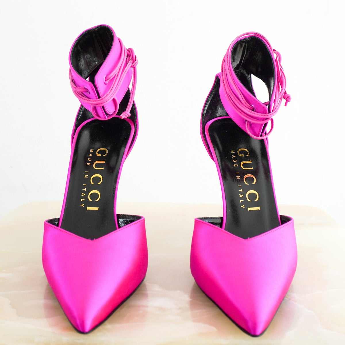 Gucci Pink Satin Lace-Up Ankle Strap Pumps (RRP £1500) | Authentic Preloved - Reloved Again