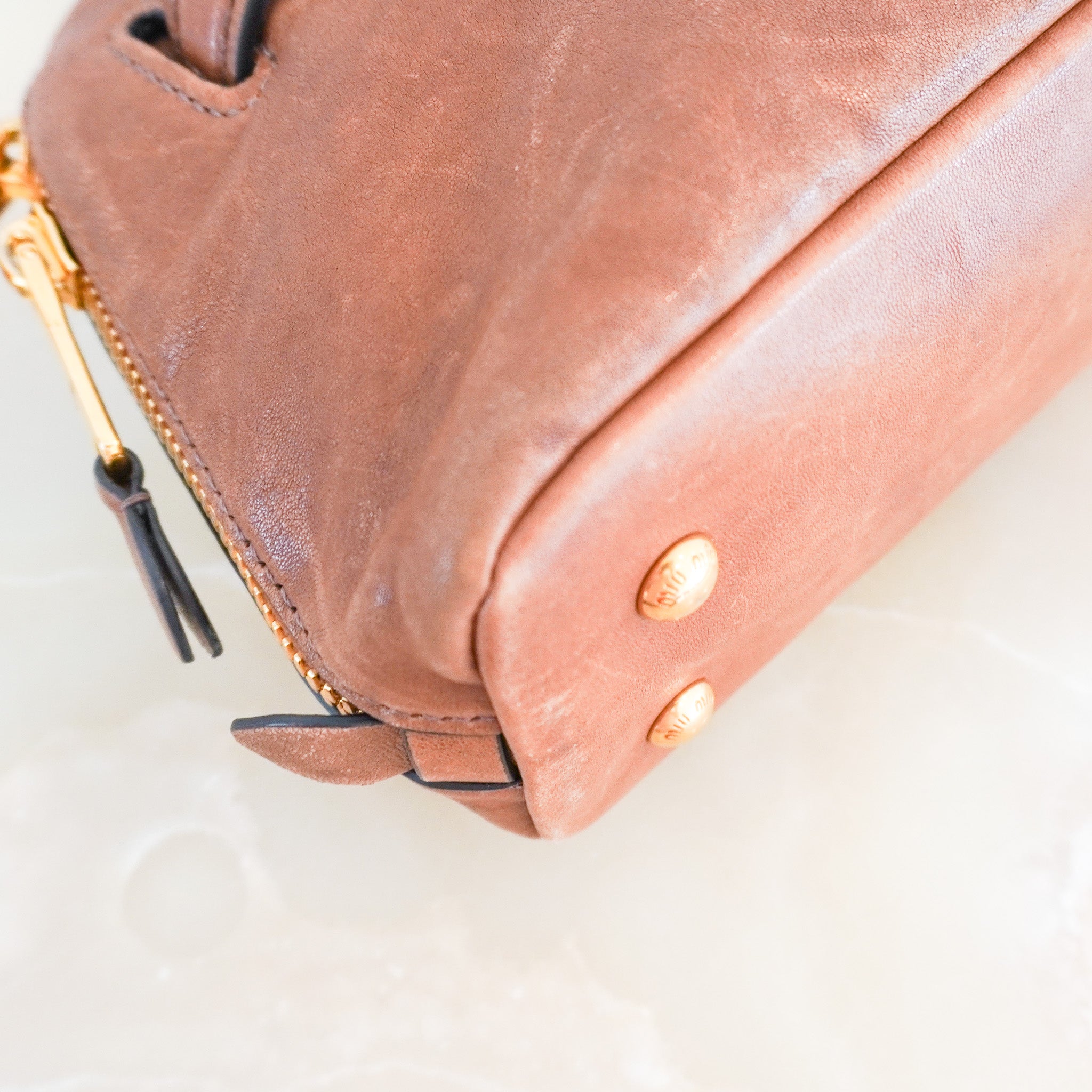 Miu Miu Adventure Nappa Leather Top Handle Bag in Oak (RRP £2,950) | Authentic Preloved