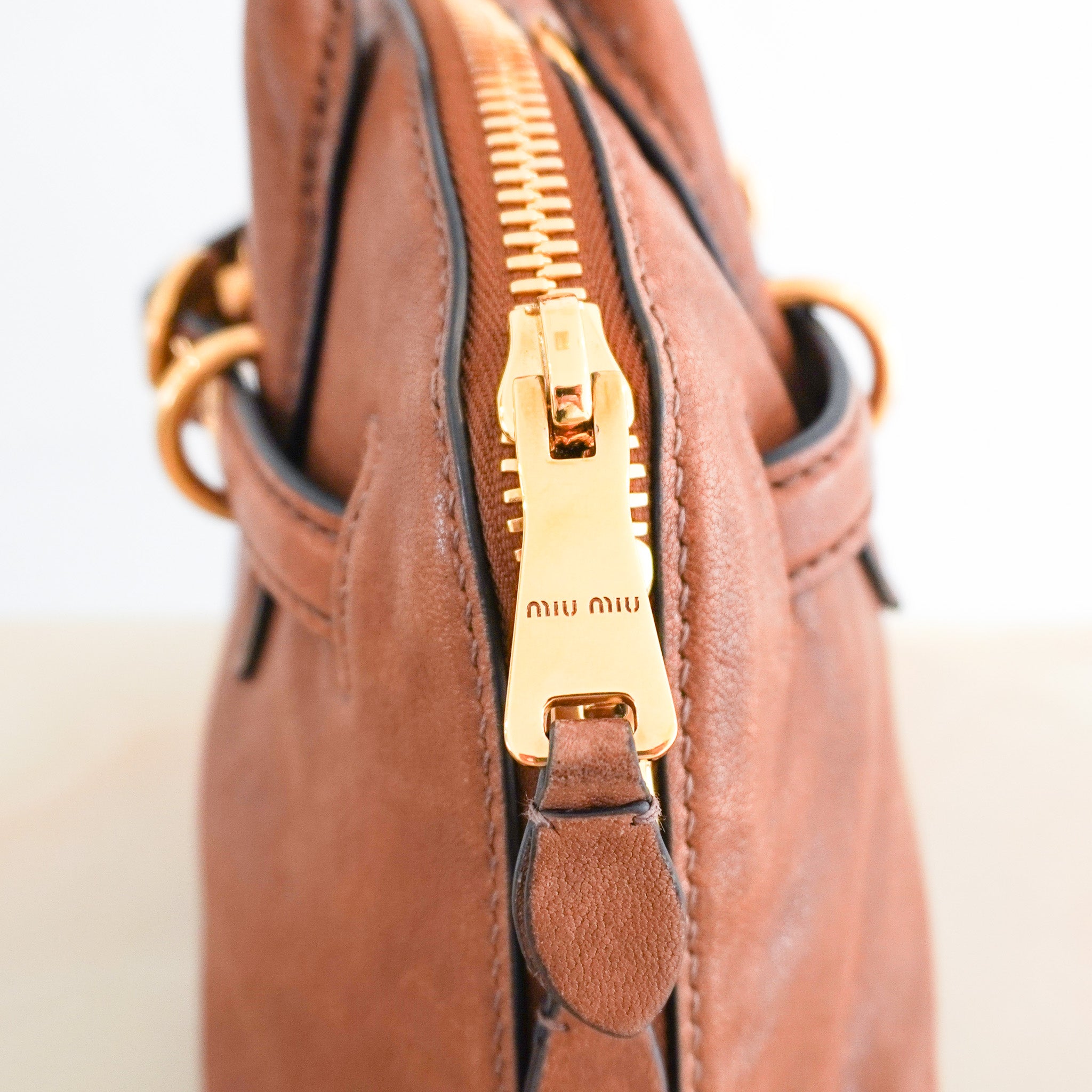 Miu Miu Adventure Nappa Leather Top Handle Bag in Oak (RRP £2,950) | Authentic Preloved