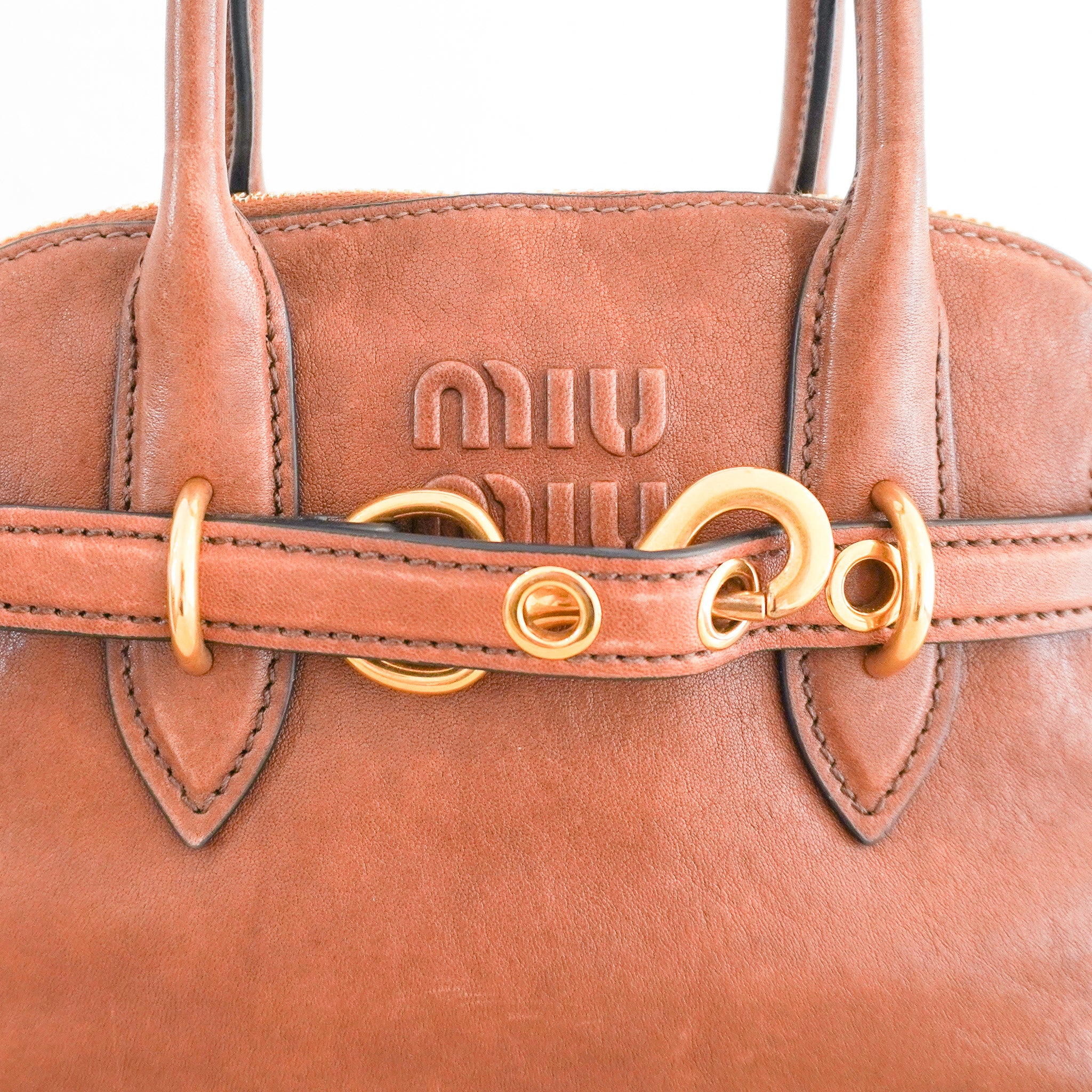 Miu Miu Adventure Nappa Leather Top Handle Bag in Oak (RRP £2,950) | Authentic Preloved