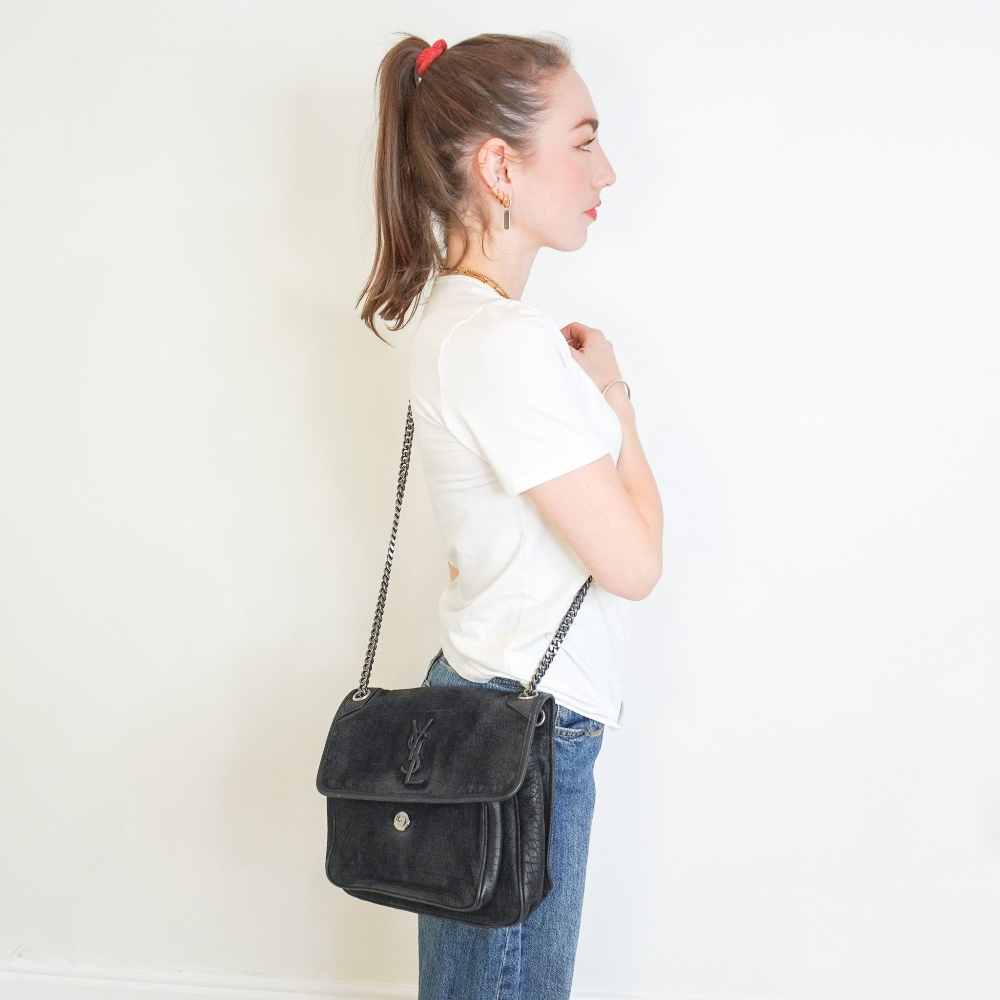 Saint Laurent Niki Shoulder Bag in Black Croc (RRP £1,635) | Authentic Preloved