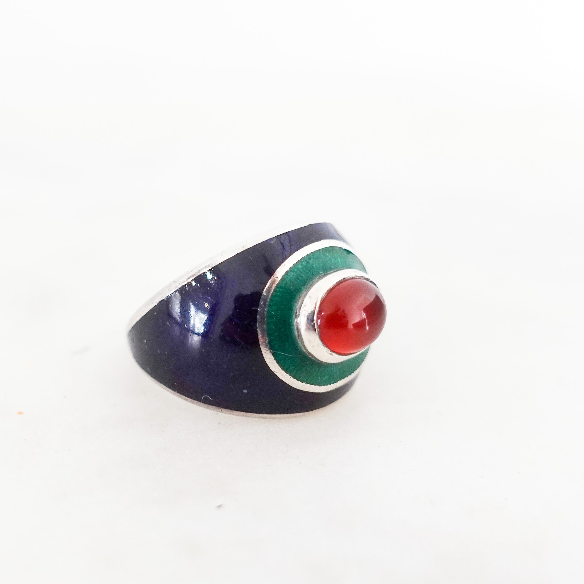 Enamel silver cabochon cornelian stone ring