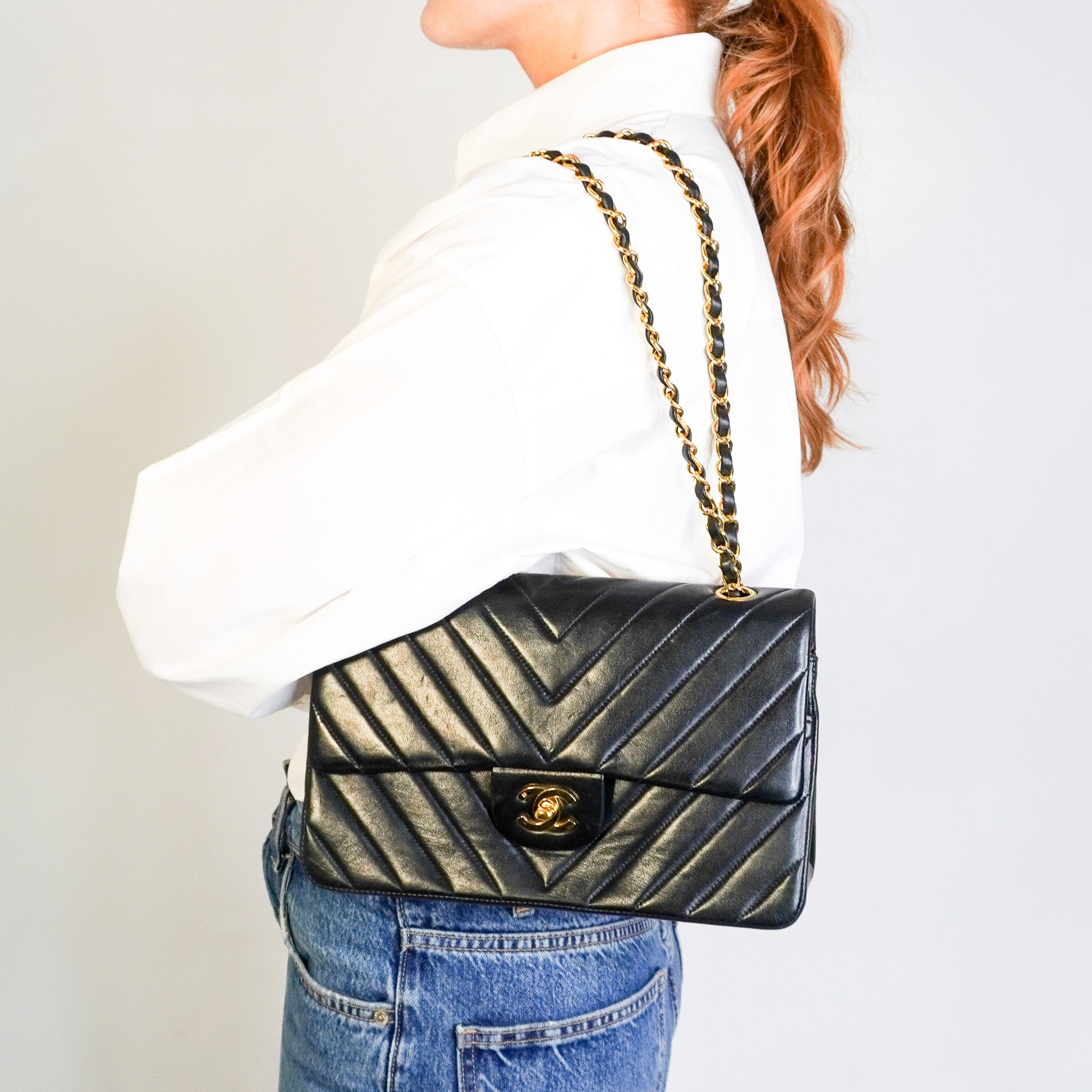 Chanel Classic Chevron Medium Double Flap Bag in Black Lambskin & Gold Hardware | Authentic Preloved - Reloved Again