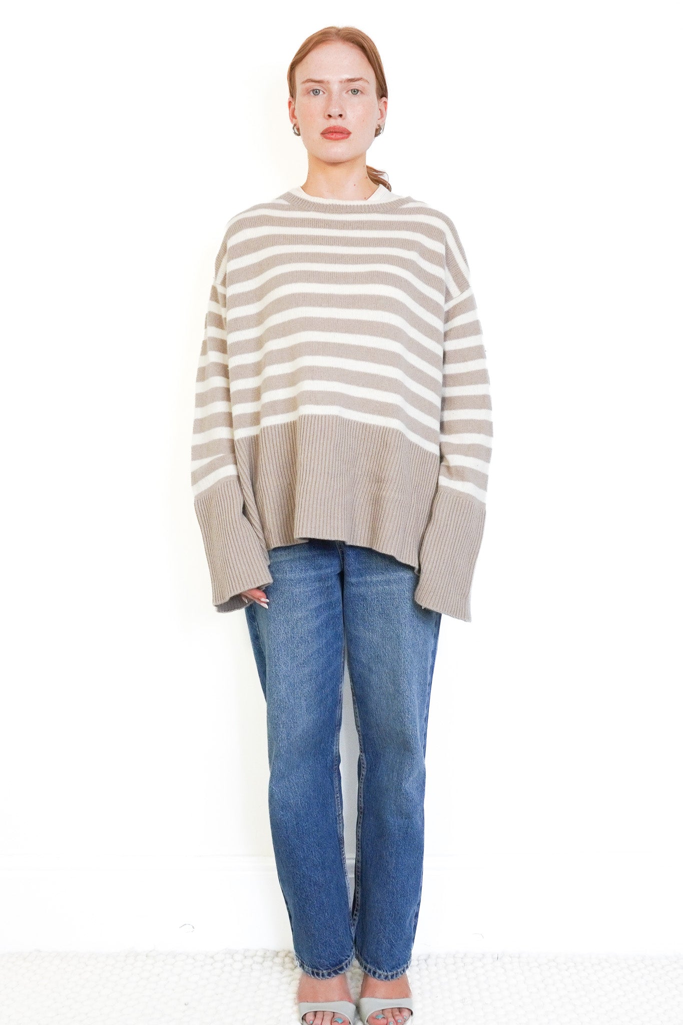 Allude Tan and White Striped Cashmere Jumper RRP £350 | Authentic Preloved