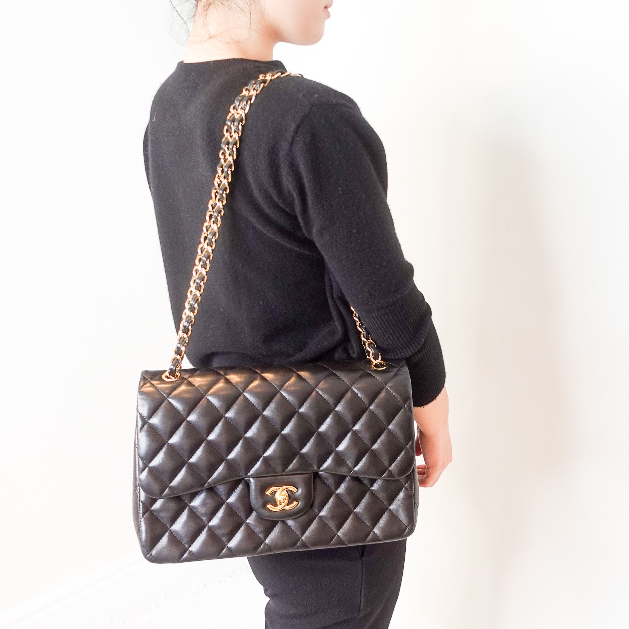 Black quilted lambskin jumbo double flap bag RRP £10k